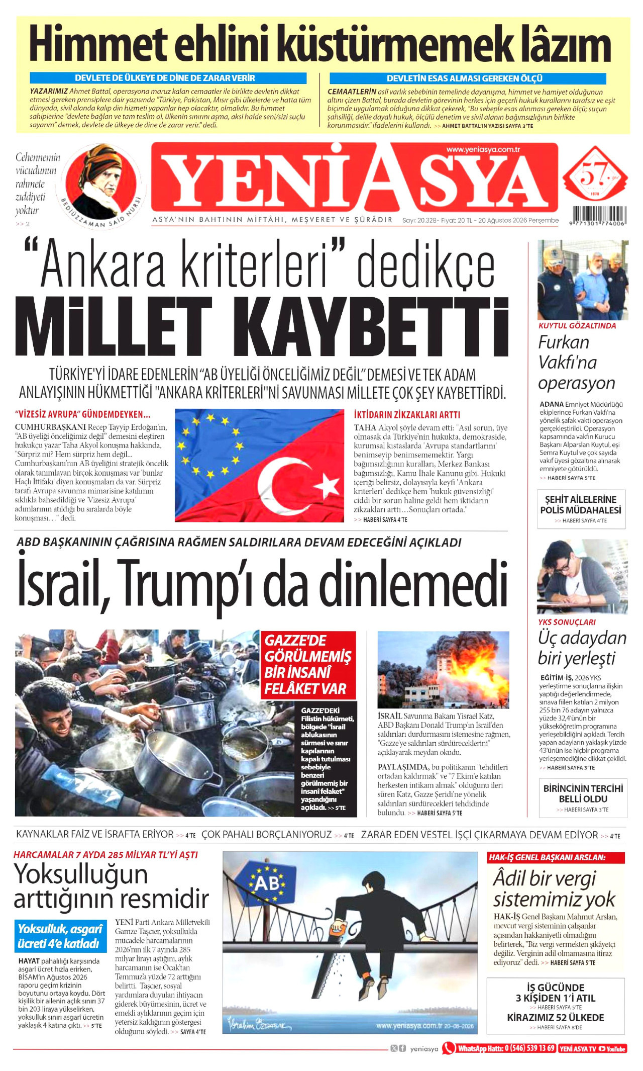 YENİ ASYA gazetesinin 20 Ağustos 2026 tarihli birinci sayfası