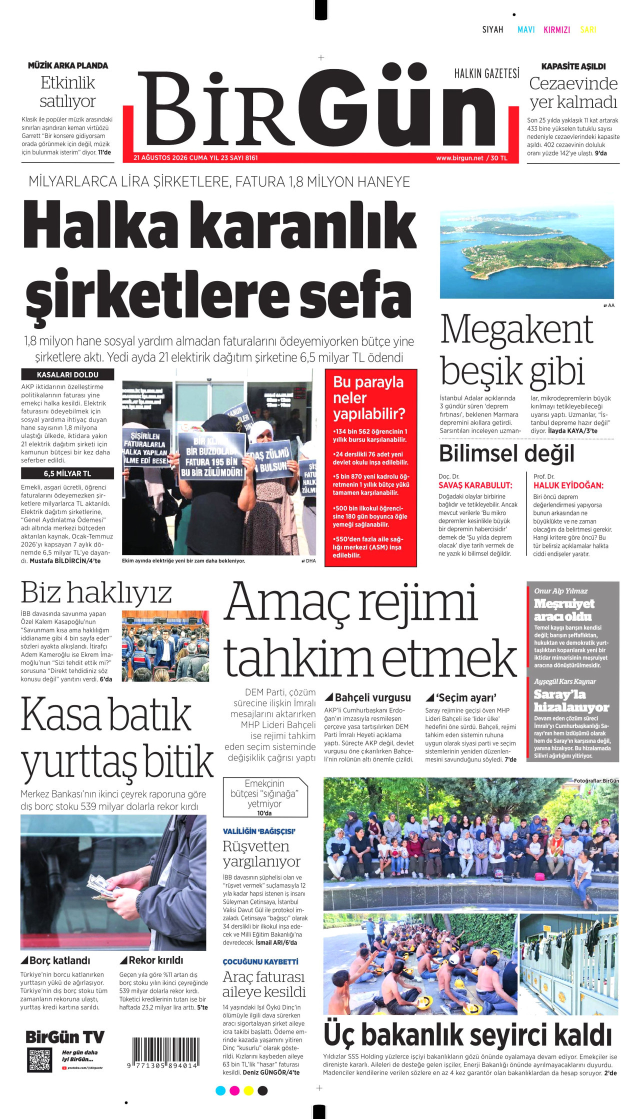 BİRGÜN gazetesinin 21 Ağustos 2026 tarihli birinci sayfası