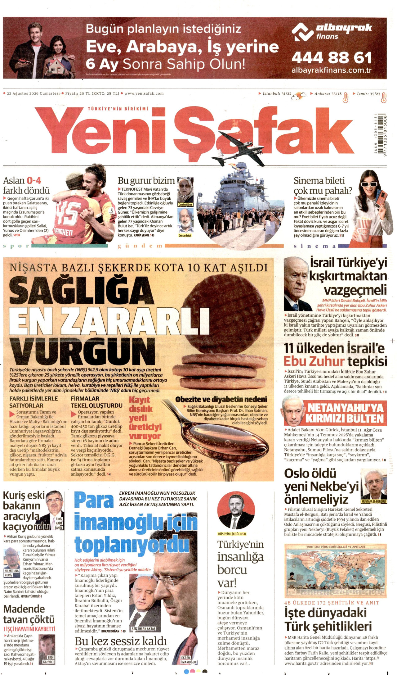 YENİ ŞAFAK gazetesinin 22 Ağustos 2026 tarihli birinci sayfası