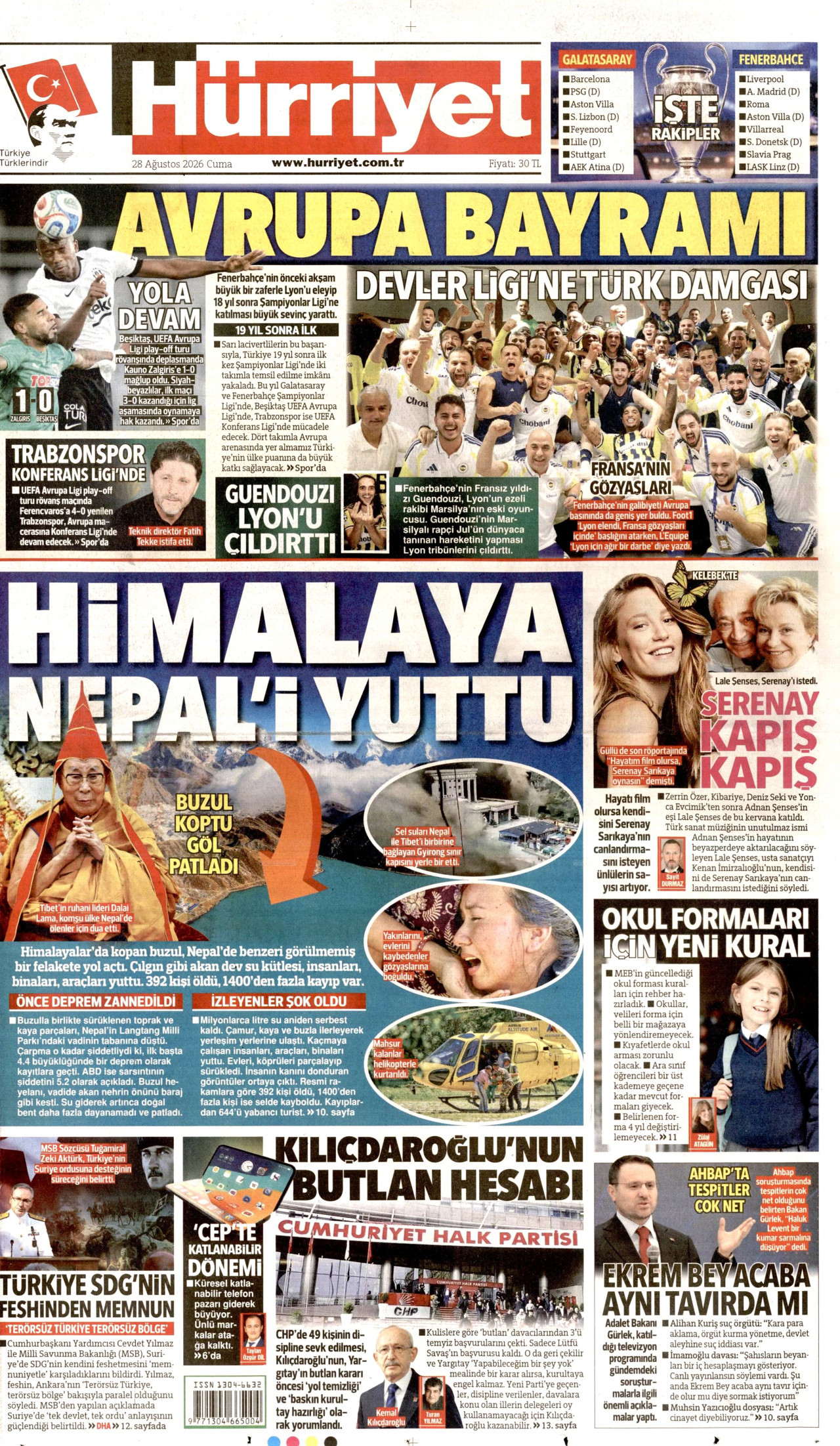 HÜRRİYET gazetesinin 28 Ağustos 2026 tarihli birinci sayfası