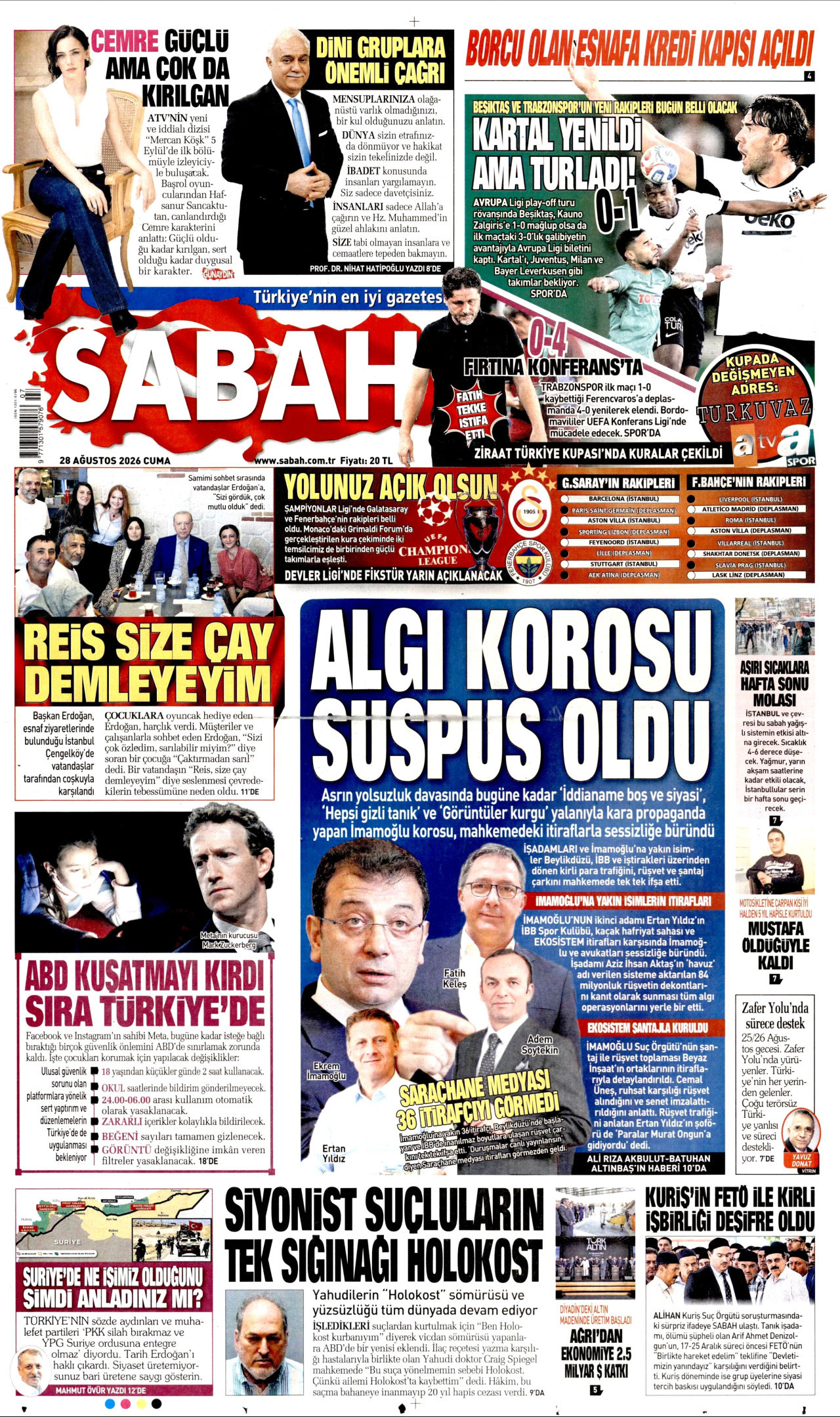 SABAH gazetesinin 28 Ağustos 2026 tarihli birinci sayfası