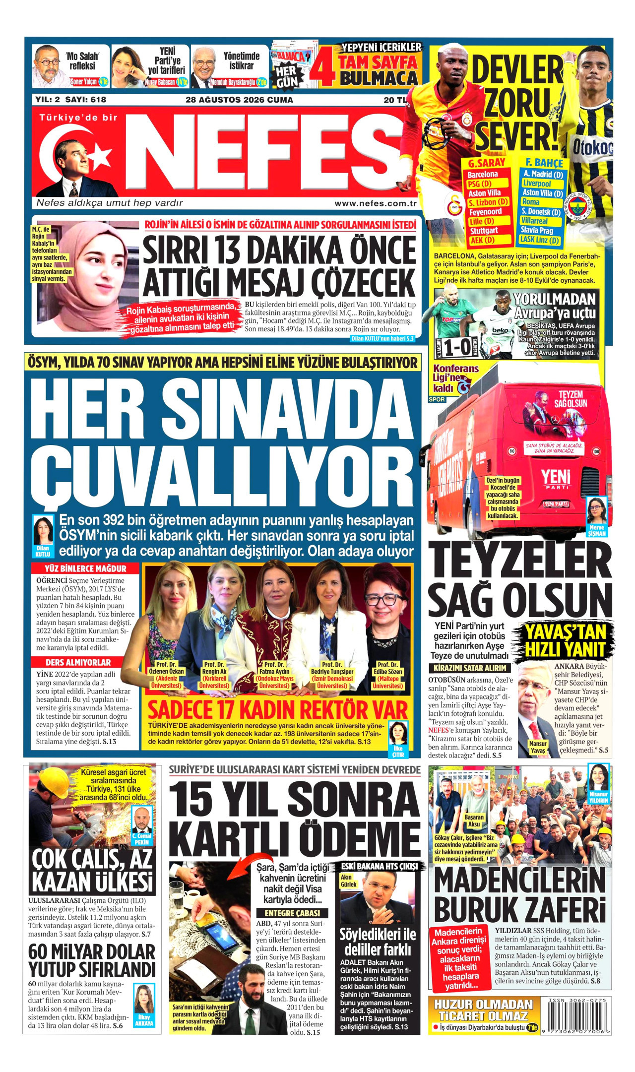 NEFES gazetesinin 28 Ağustos 2026 tarihli birinci sayfası