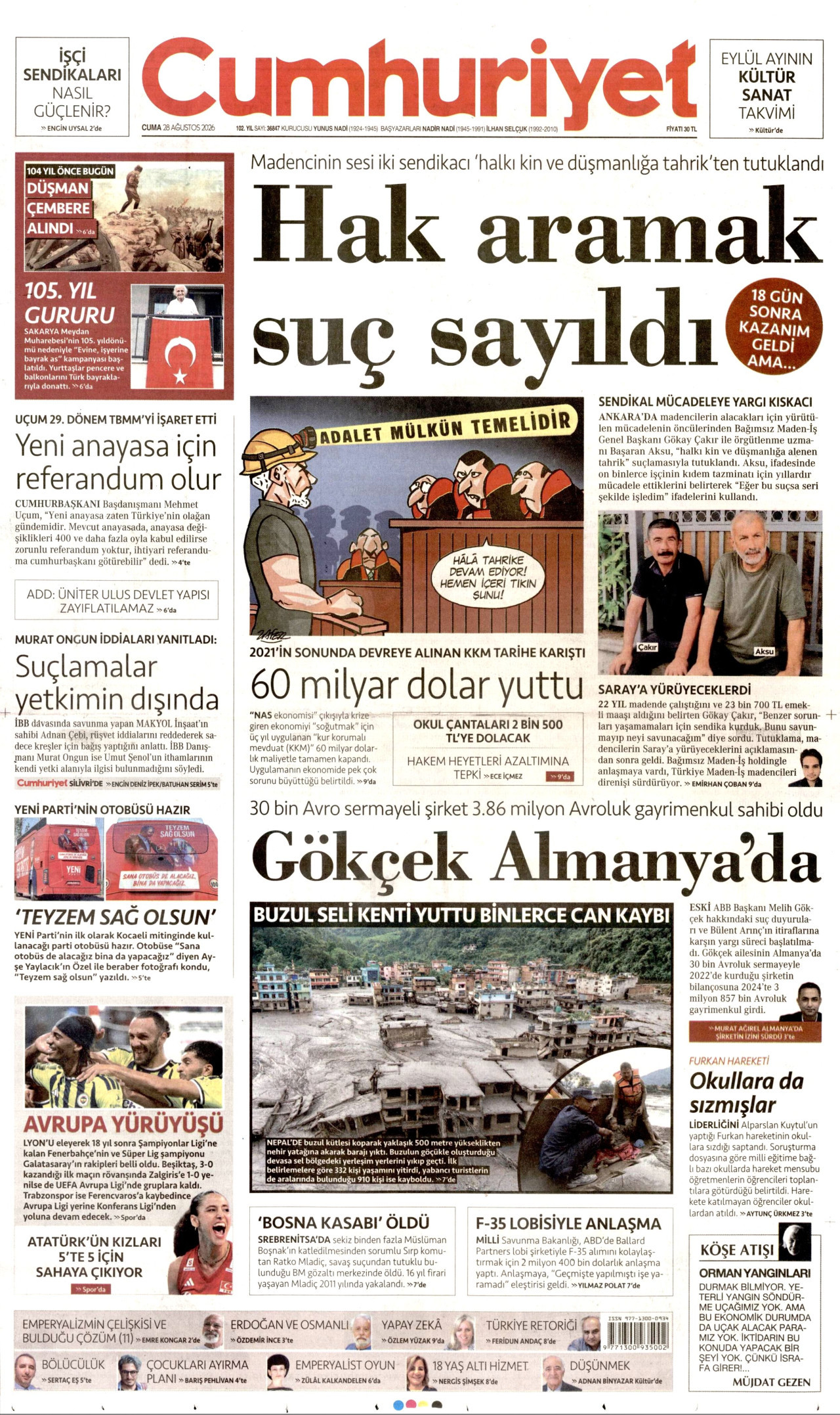 CUMHURİYET gazetesinin 28 Ağustos 2026 tarihli birinci sayfası