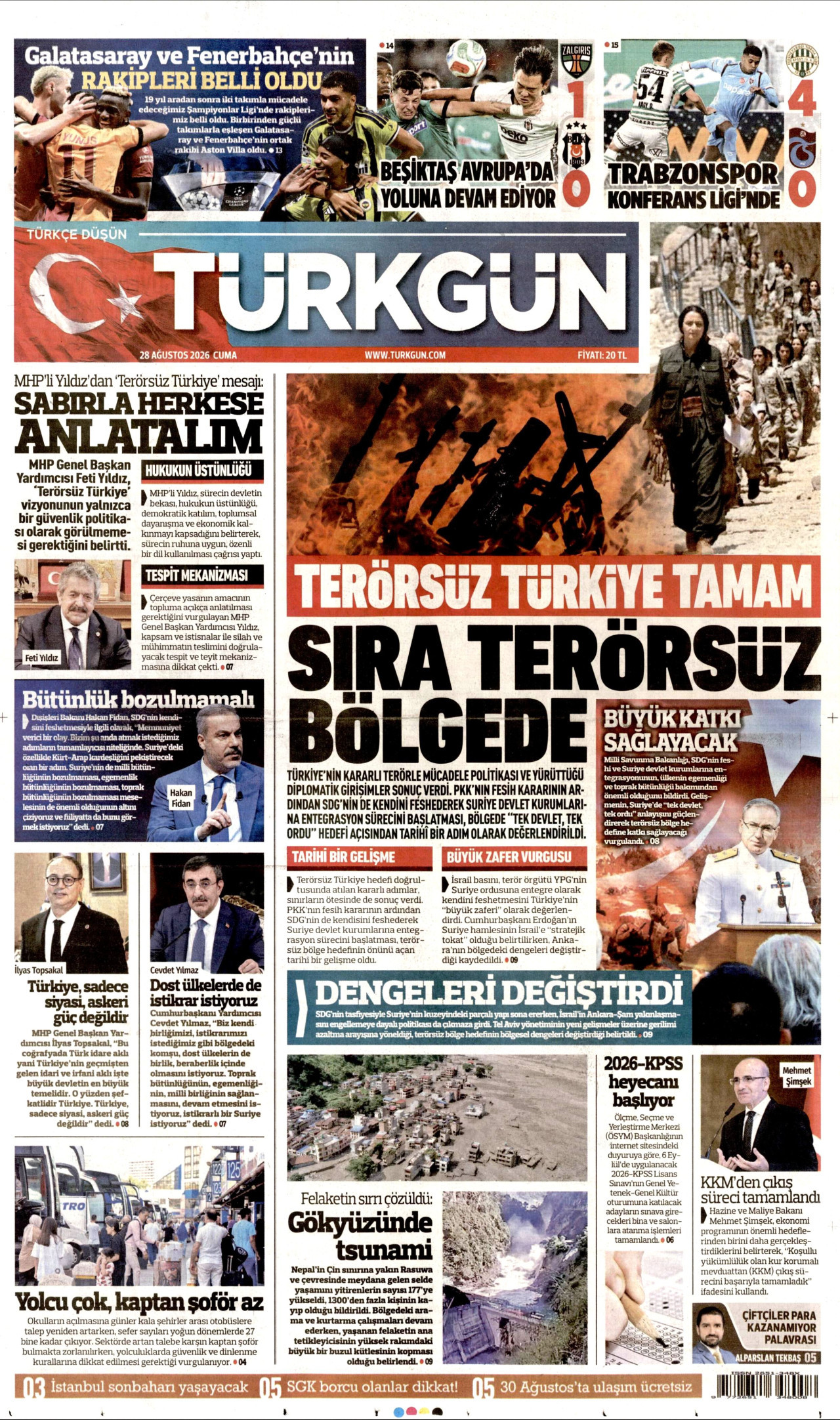 TÜRKGÜN gazetesinin 28 Ağustos 2026 tarihli birinci sayfası