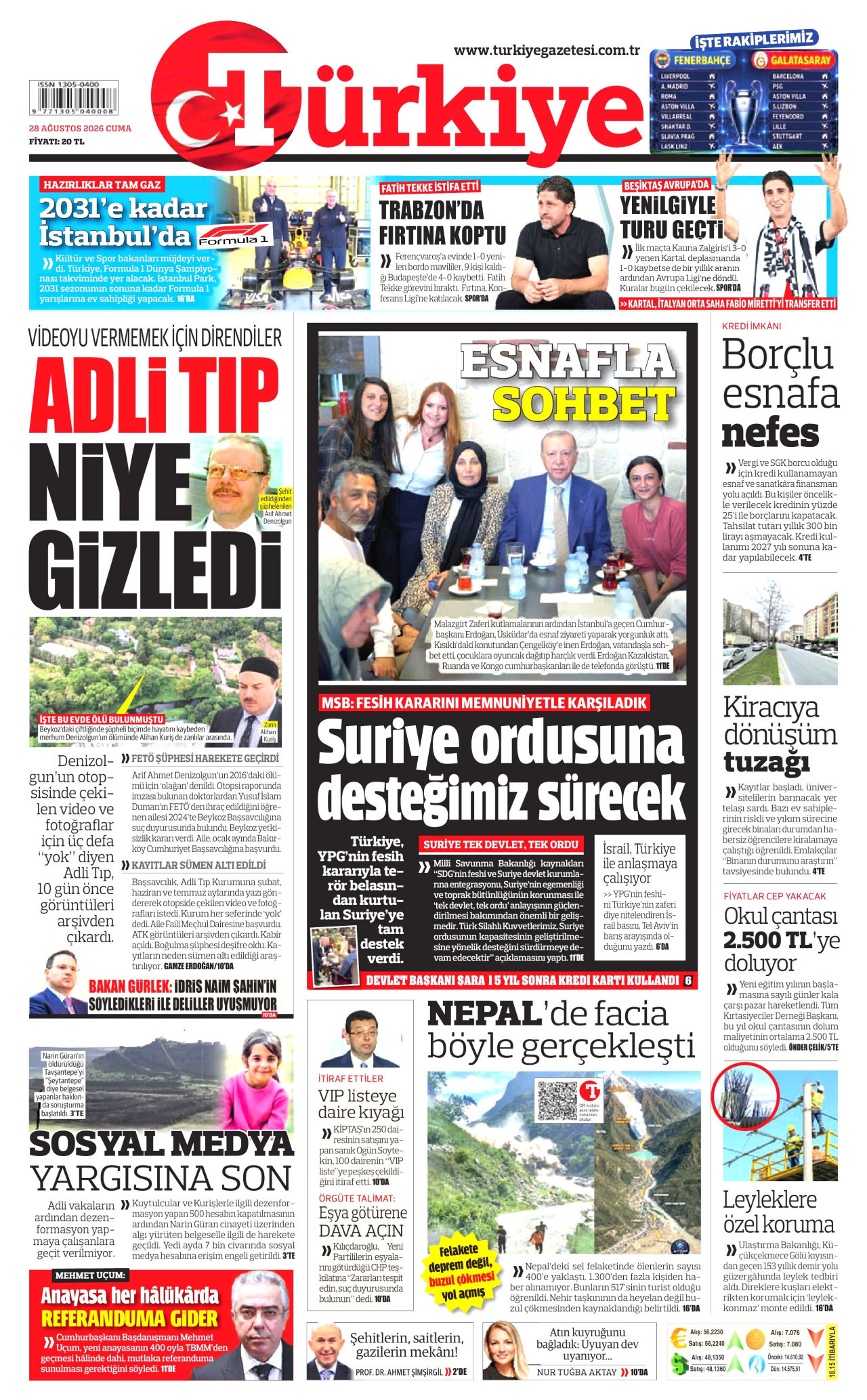 TÜRKİYE GAZETESİ gazetesinin 28 Ağustos 2026 tarihli birinci sayfası