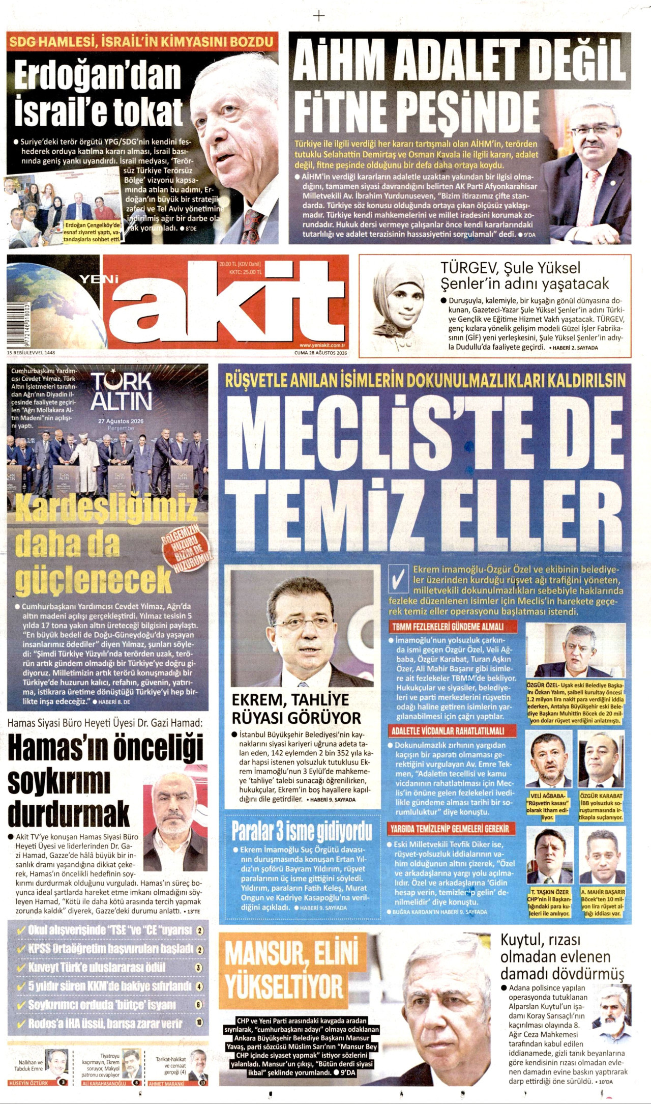 YENİ AKİT gazetesinin 28 Ağustos 2026 tarihli birinci sayfası