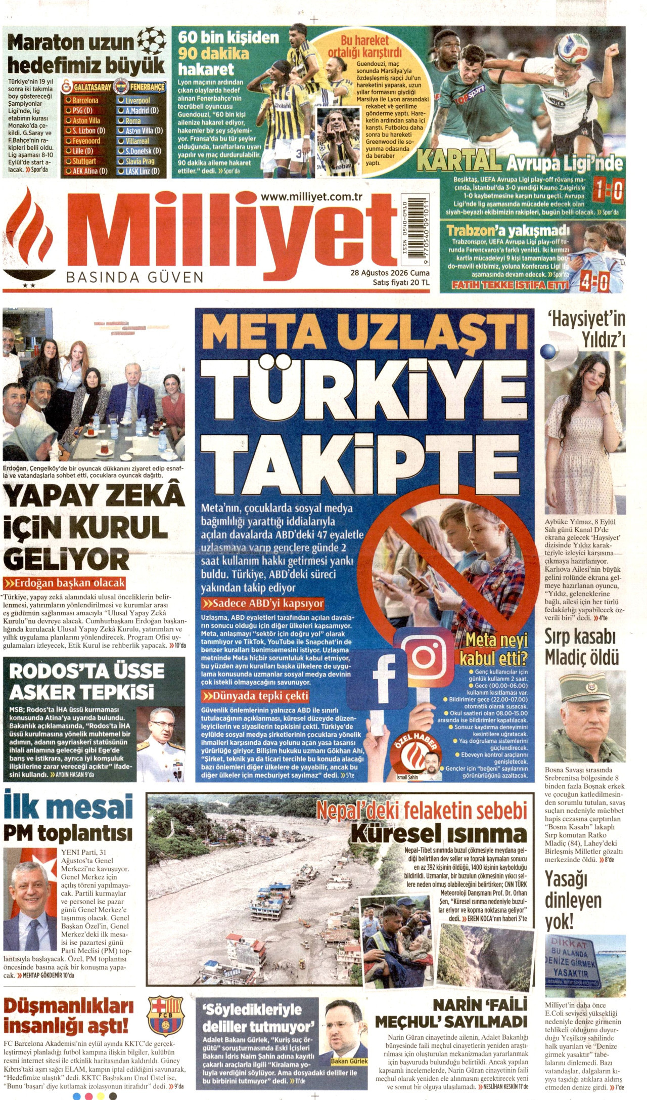MİLLİYET gazetesinin 28 Ağustos 2026 tarihli birinci sayfası