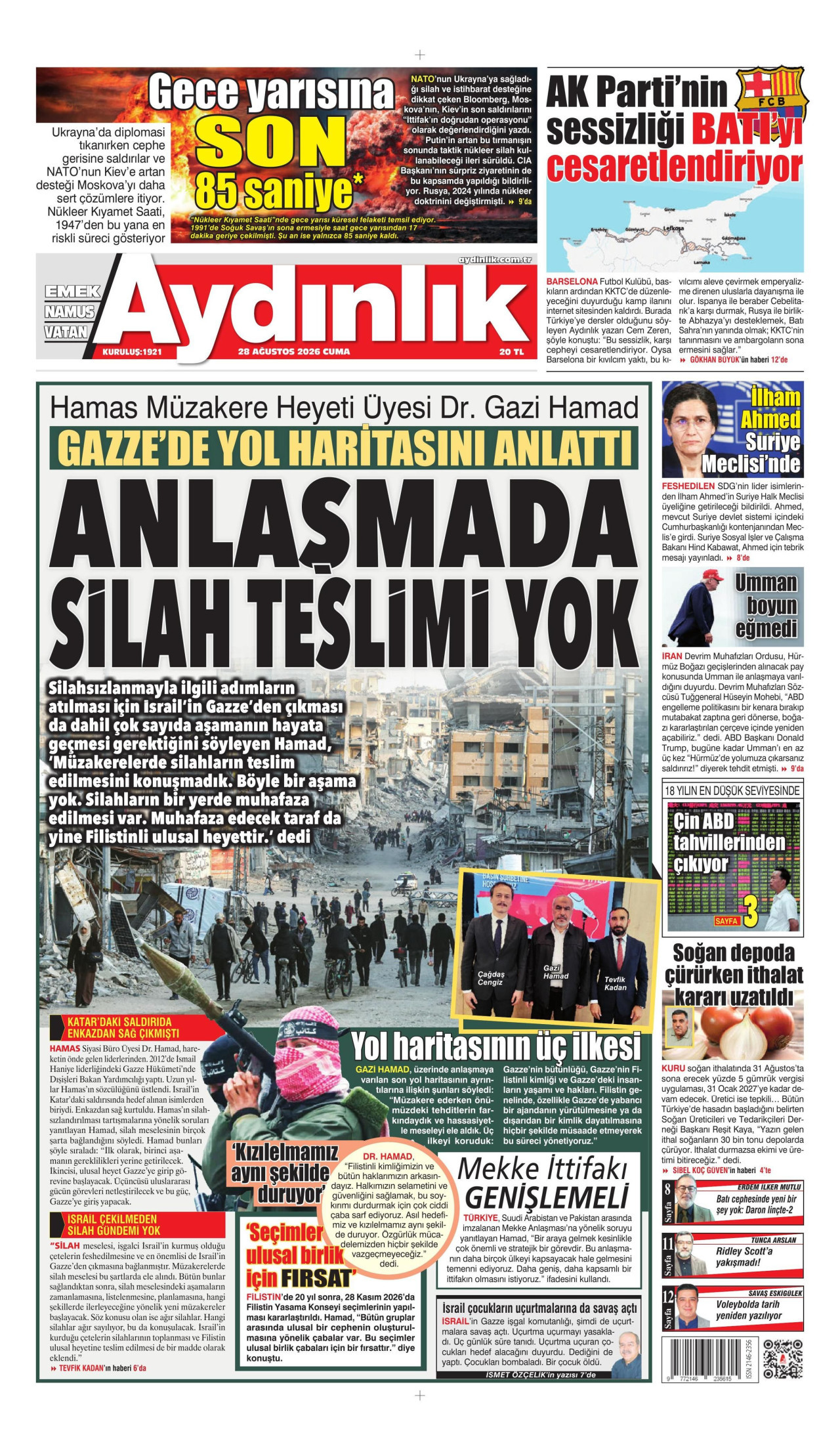 AYDINLIK GAZETESİ gazetesinin 28 Ağustos 2026 tarihli birinci sayfası