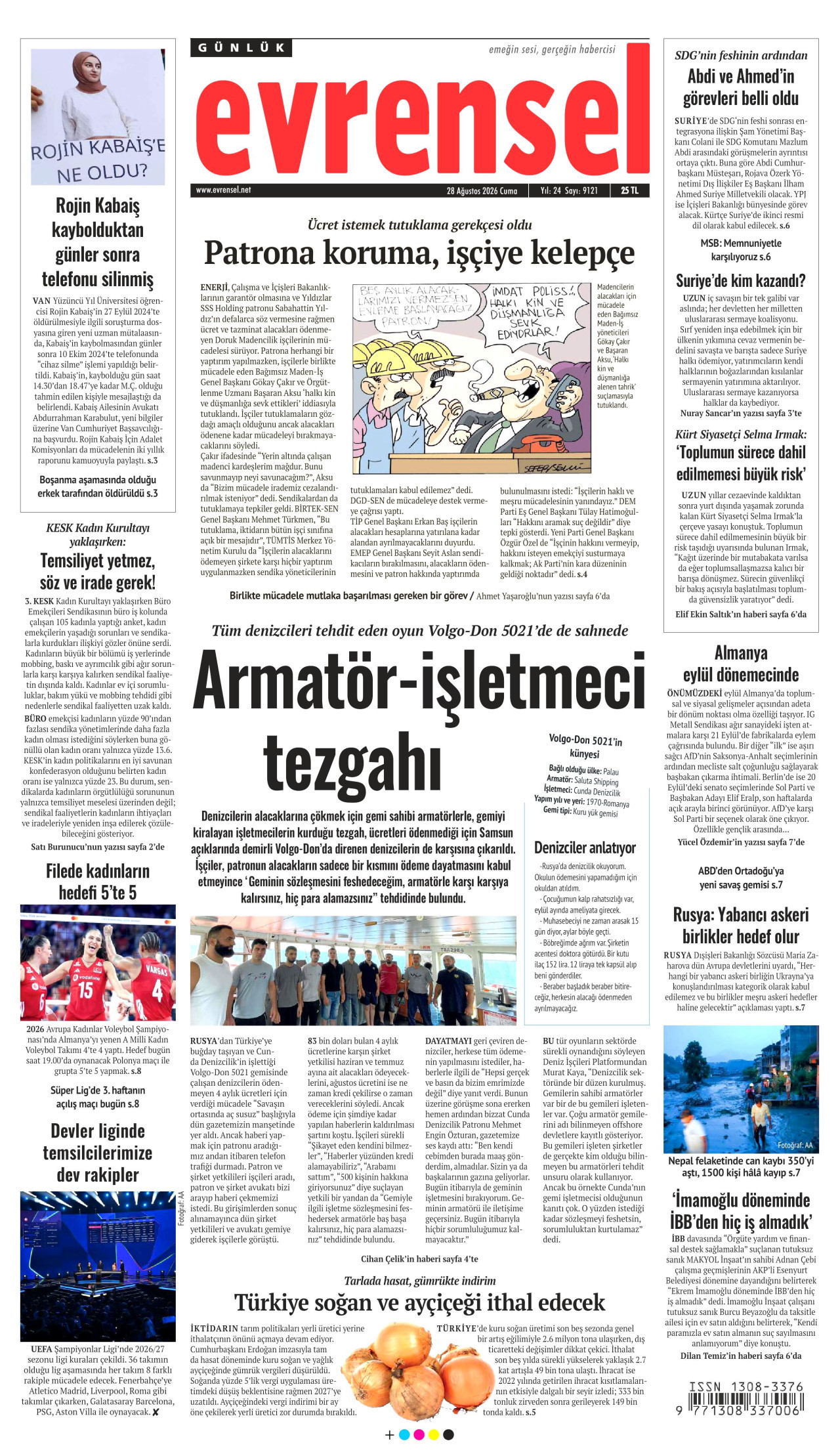 EVRENSEL gazetesinin 28 Ağustos 2026 tarihli birinci sayfası