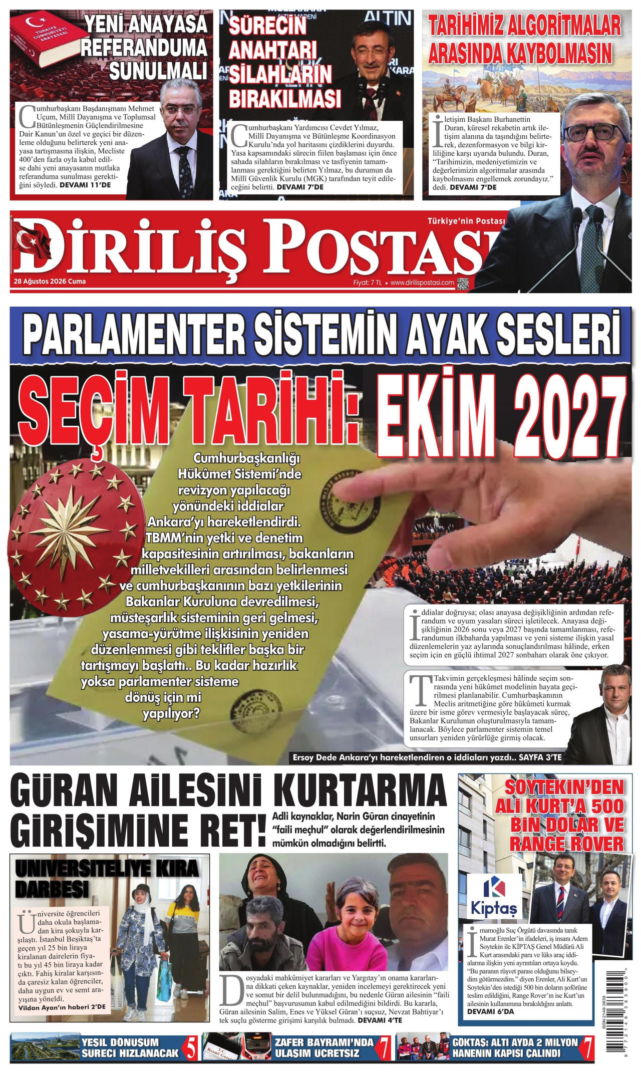 DİRİLİŞ POSTASI gazetesinin 28 Ağustos 2026 tarihli birinci sayfası