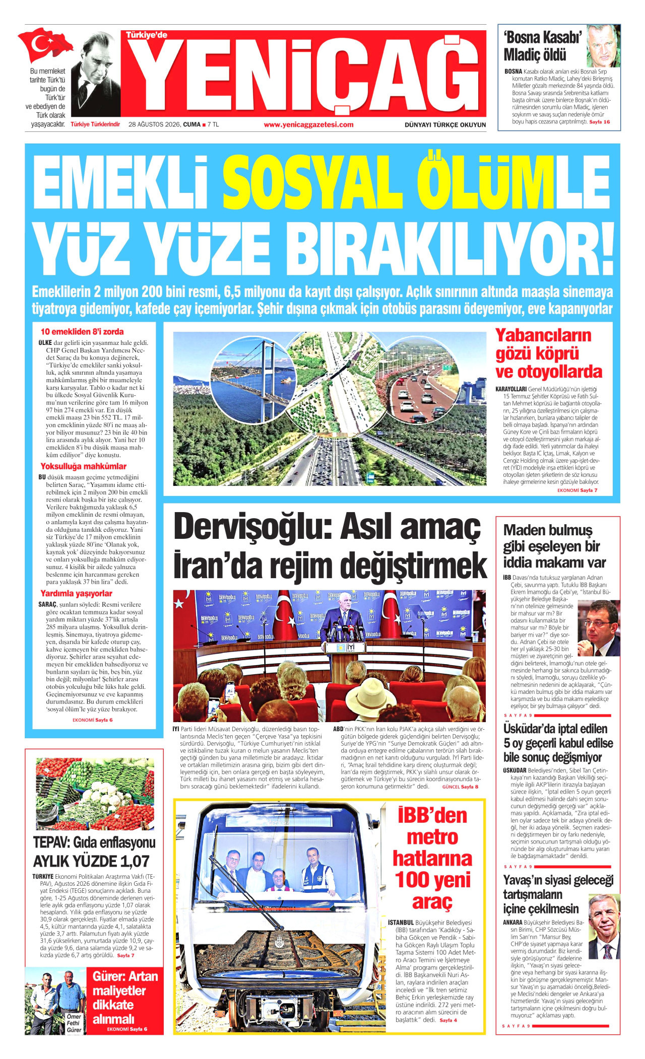 YENİÇAĞ gazetesinin 28 Ağustos 2026 tarihli birinci sayfası
