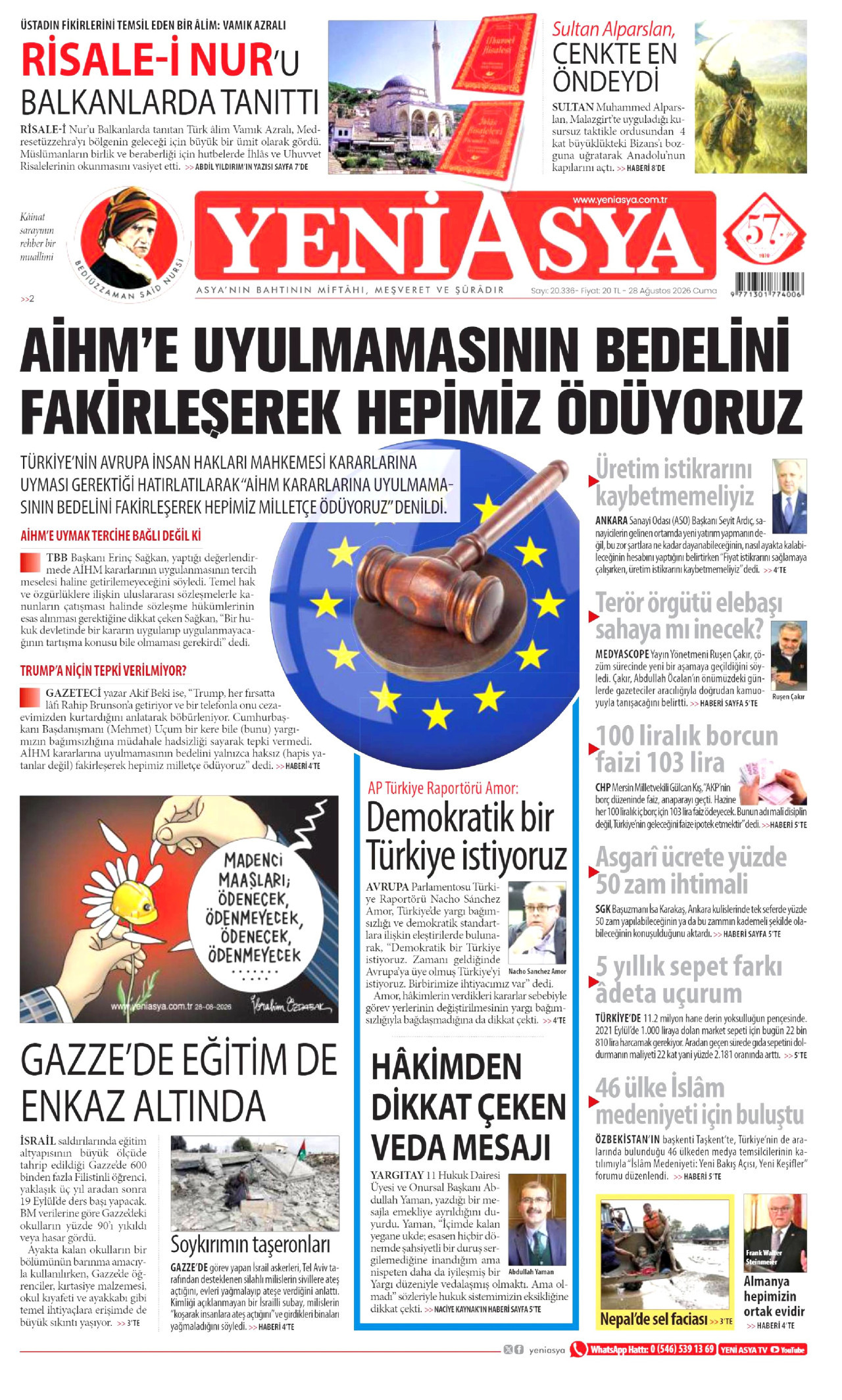 YENİ ASYA gazetesinin 28 Ağustos 2026 tarihli birinci sayfası