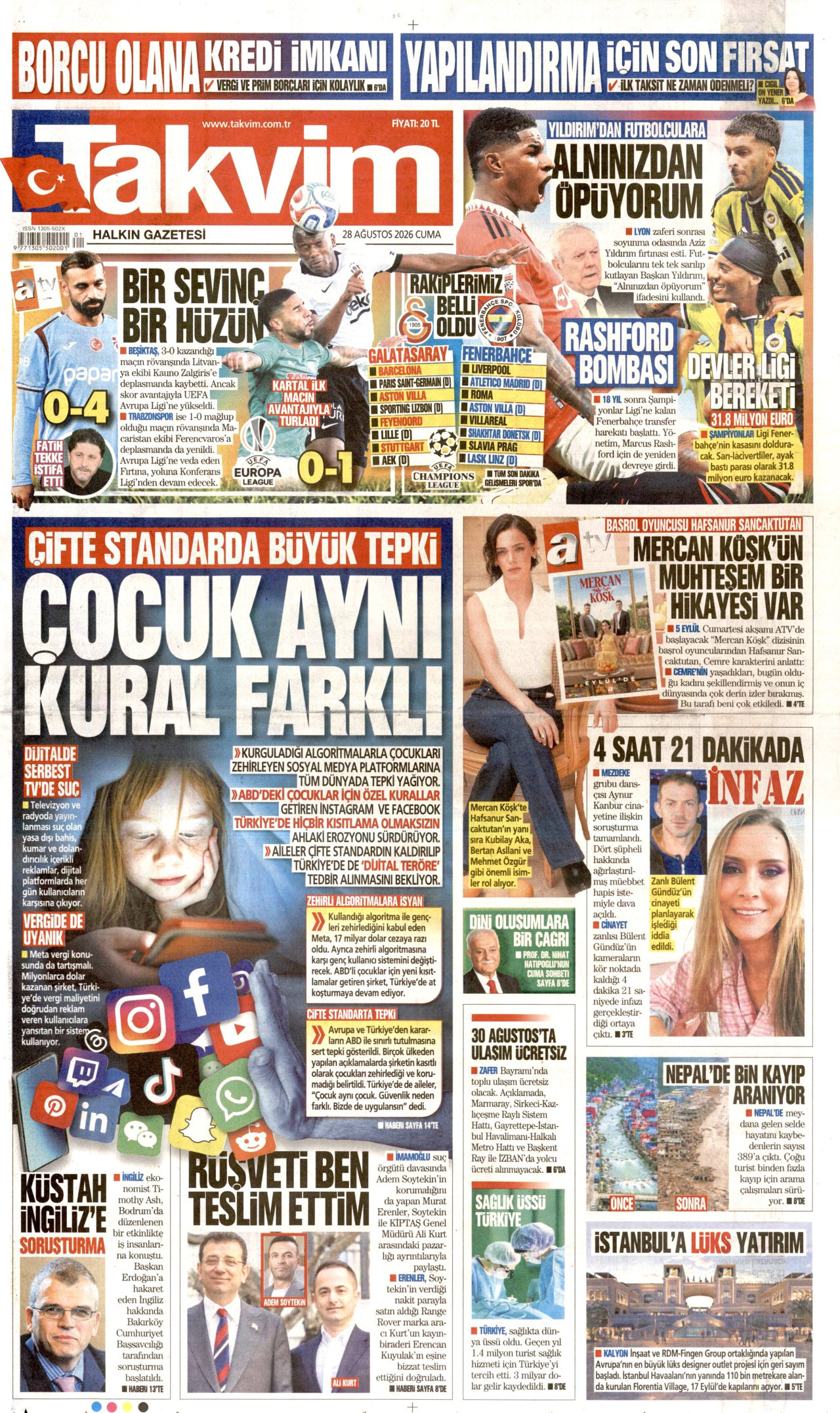 TAKVİM gazetesinin 28 Ağustos 2026 tarihli birinci sayfası