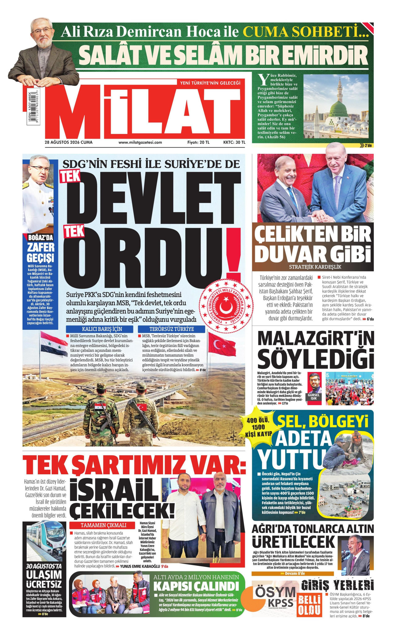 MİLAT gazetesinin 28 Ağustos 2026 tarihli birinci sayfası