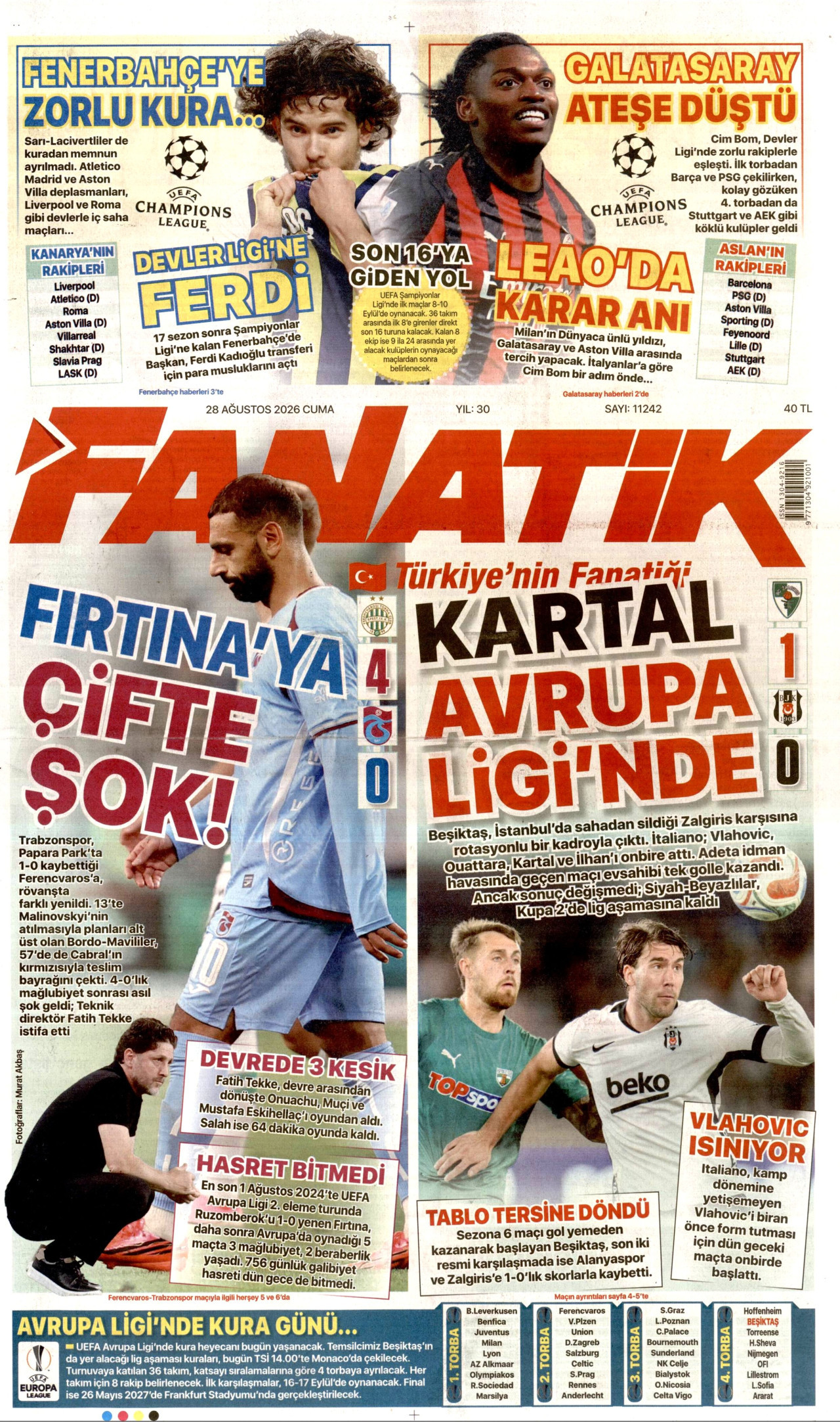 FANATİK gazetesinin 28 Ağustos 2026 tarihli birinci sayfası