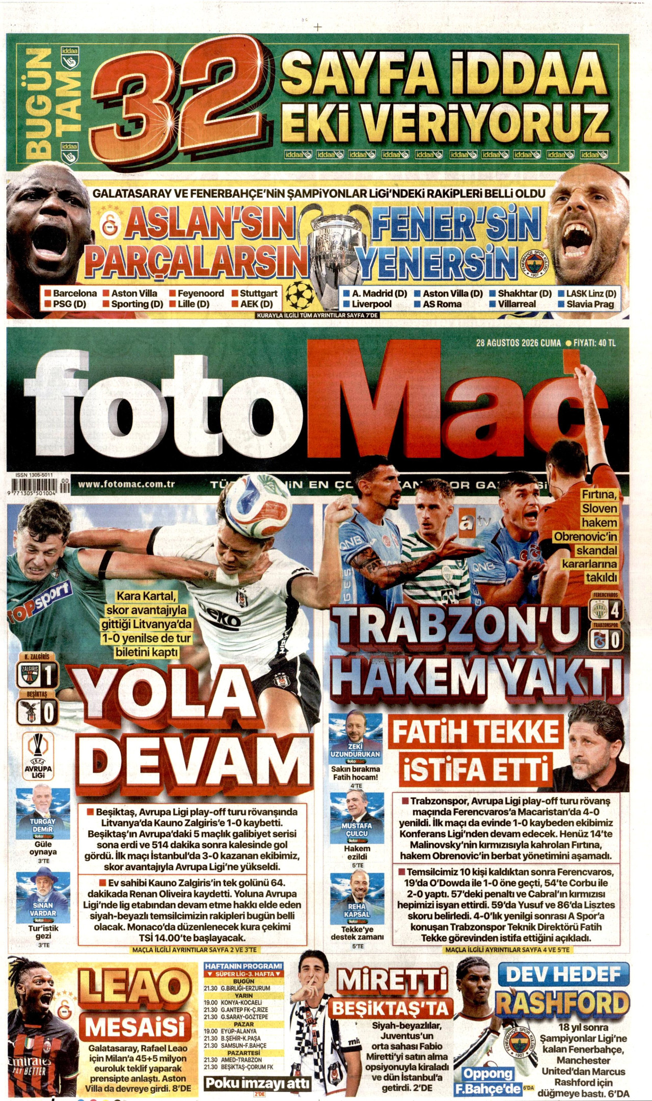 FOTOMAÇ gazetesinin 28 Ağustos 2026 tarihli birinci sayfası