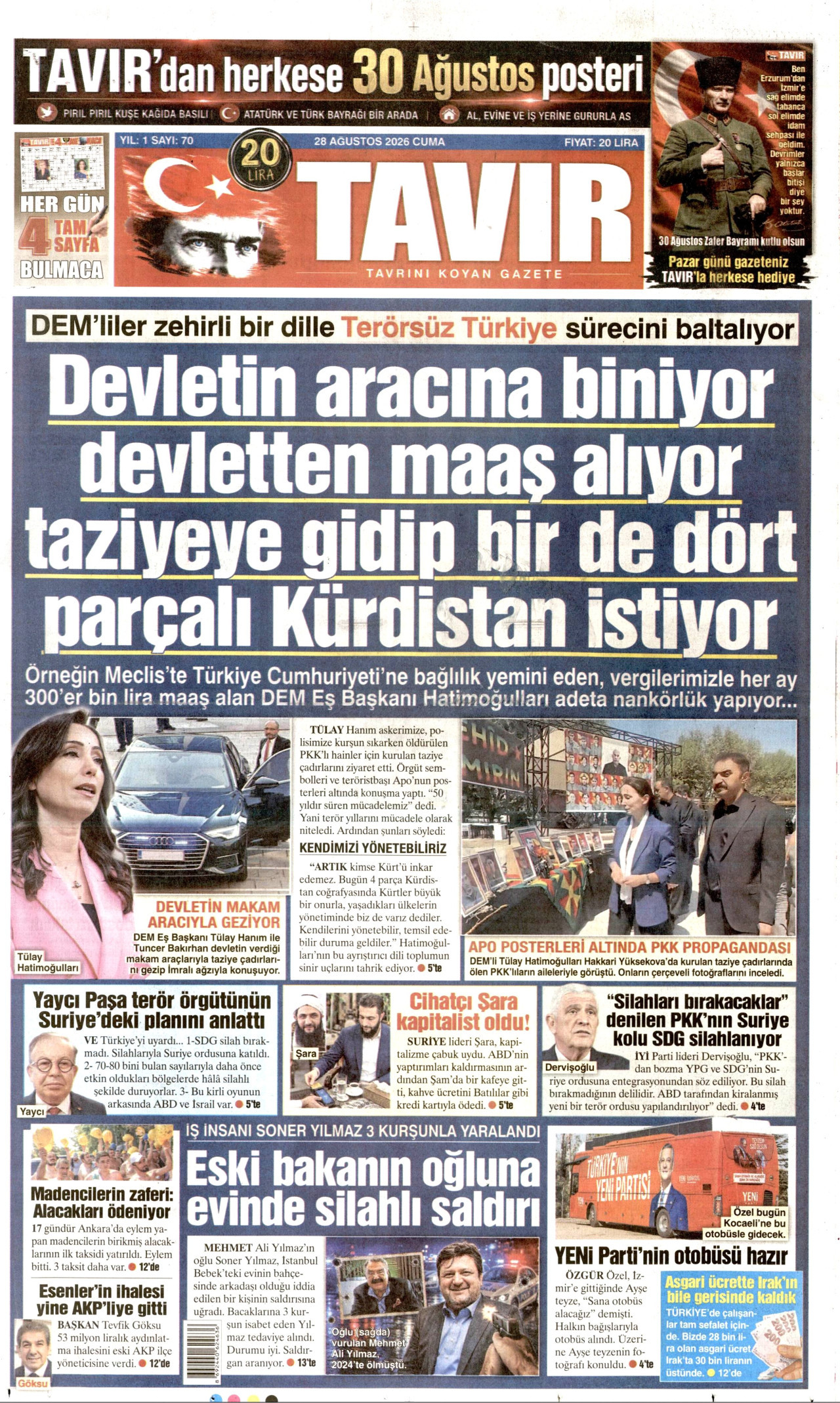 TAVIR GAZETESİ gazetesinin 28 Ağustos 2026 tarihli birinci sayfası