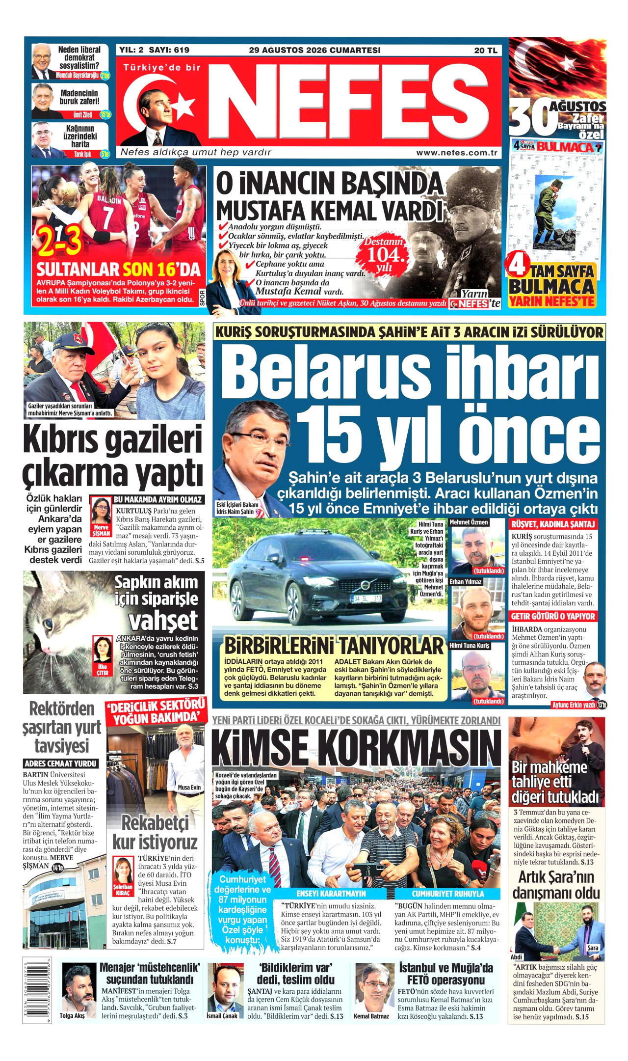 NEFES gazetesinin 29 Ağustos 2026 tarihli birinci sayfası