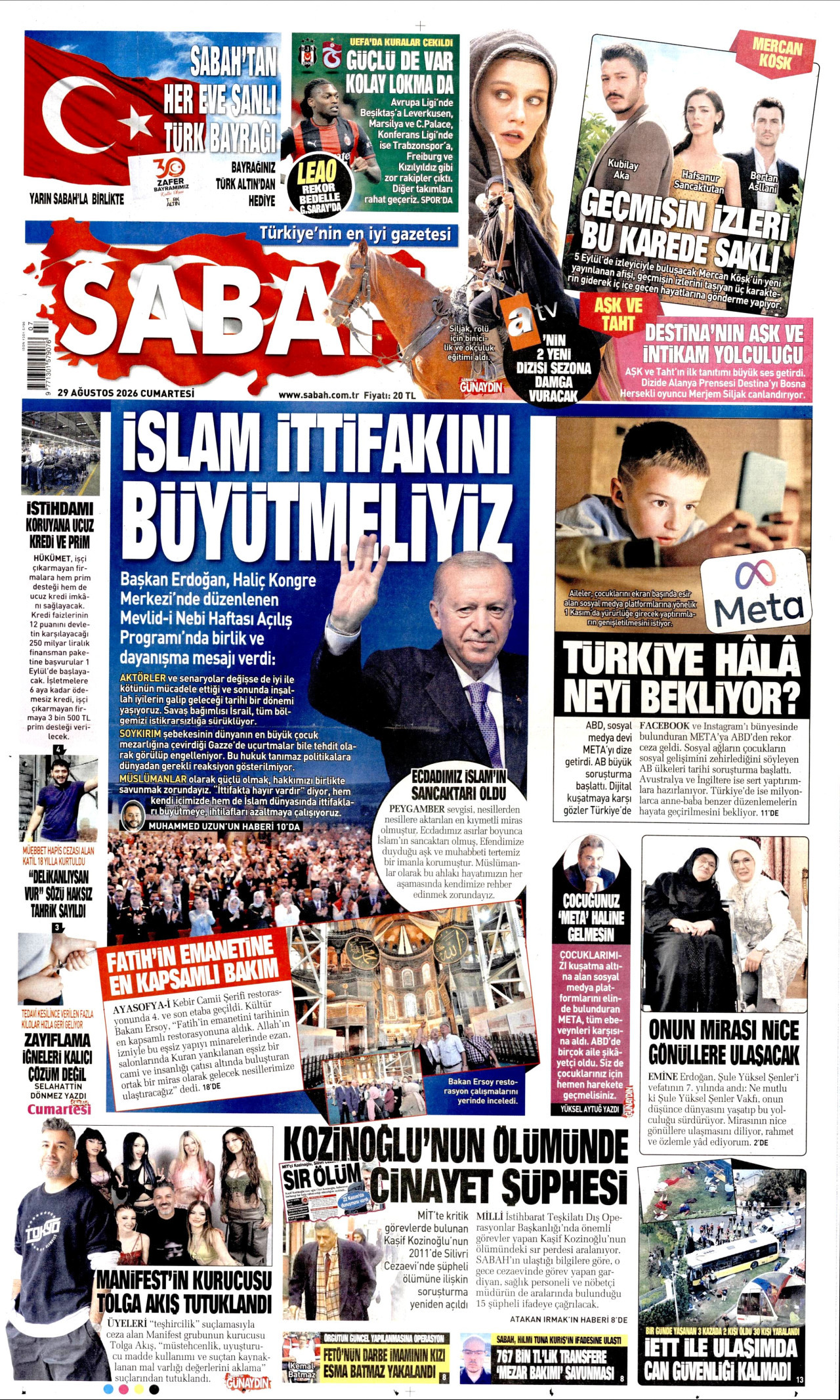 SABAH gazetesinin 29 Ağustos 2026 tarihli birinci sayfası