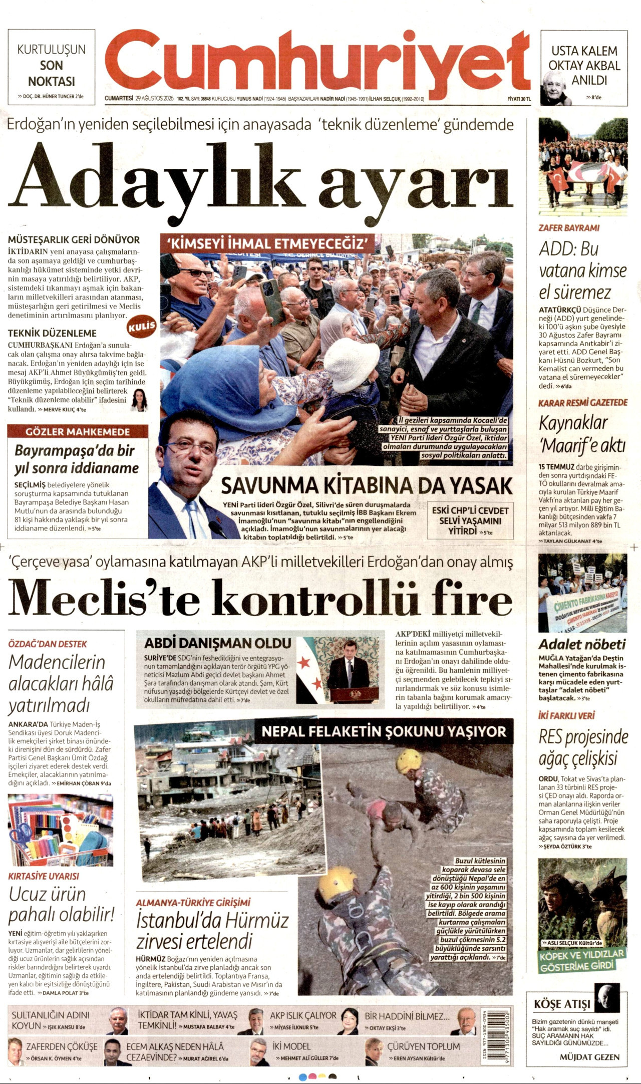 CUMHURİYET gazetesinin 29 Ağustos 2026 tarihli birinci sayfası