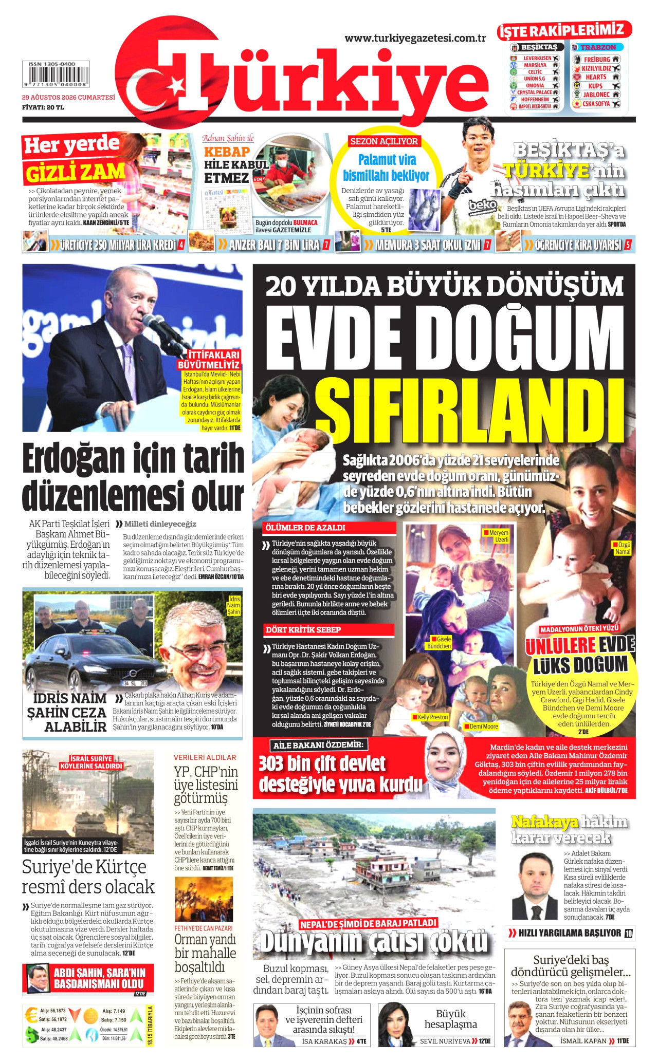 TÜRKİYE GAZETESİ gazetesinin 29 Ağustos 2026 tarihli birinci sayfası