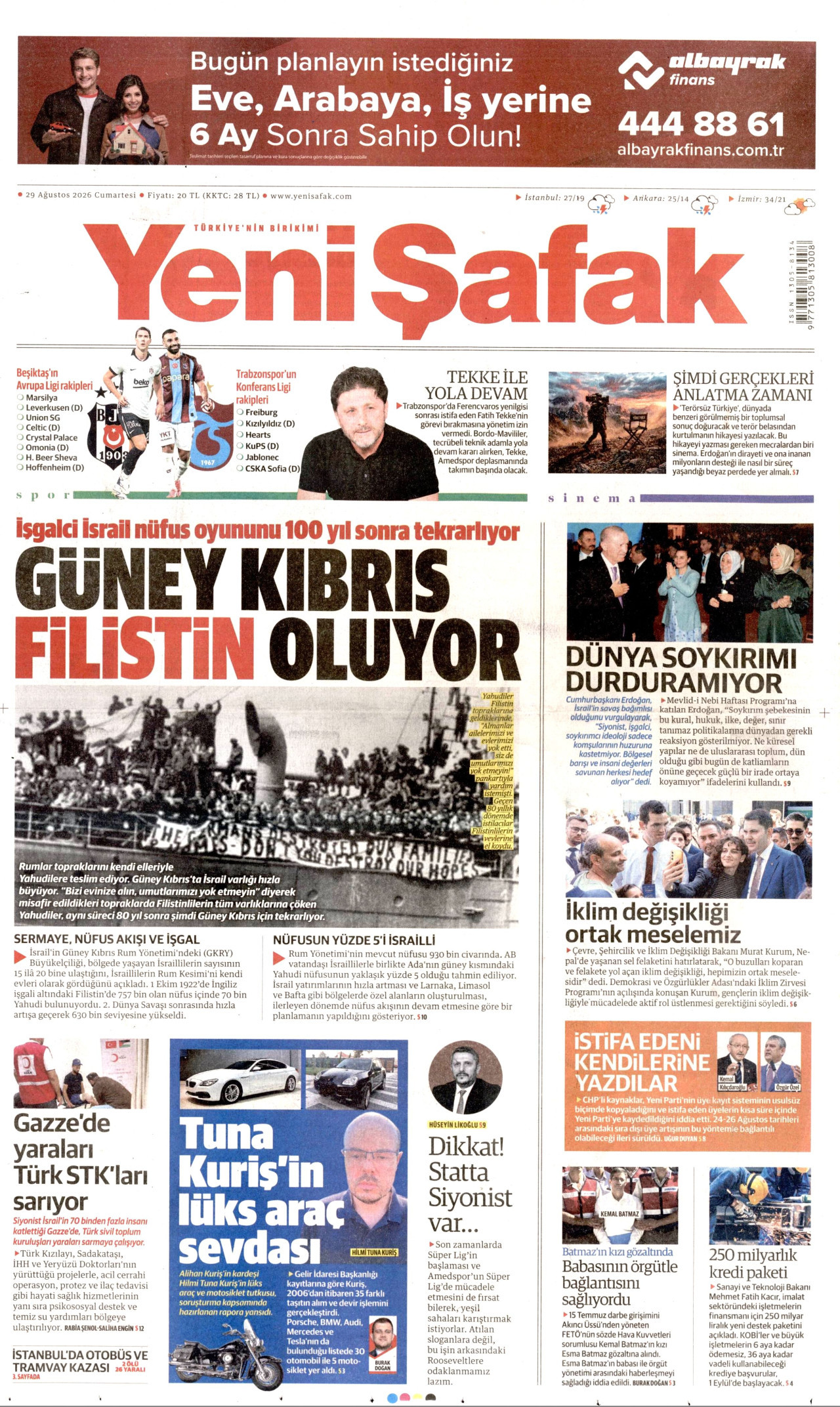 YENİ ŞAFAK gazetesinin 29 Ağustos 2026 tarihli birinci sayfası