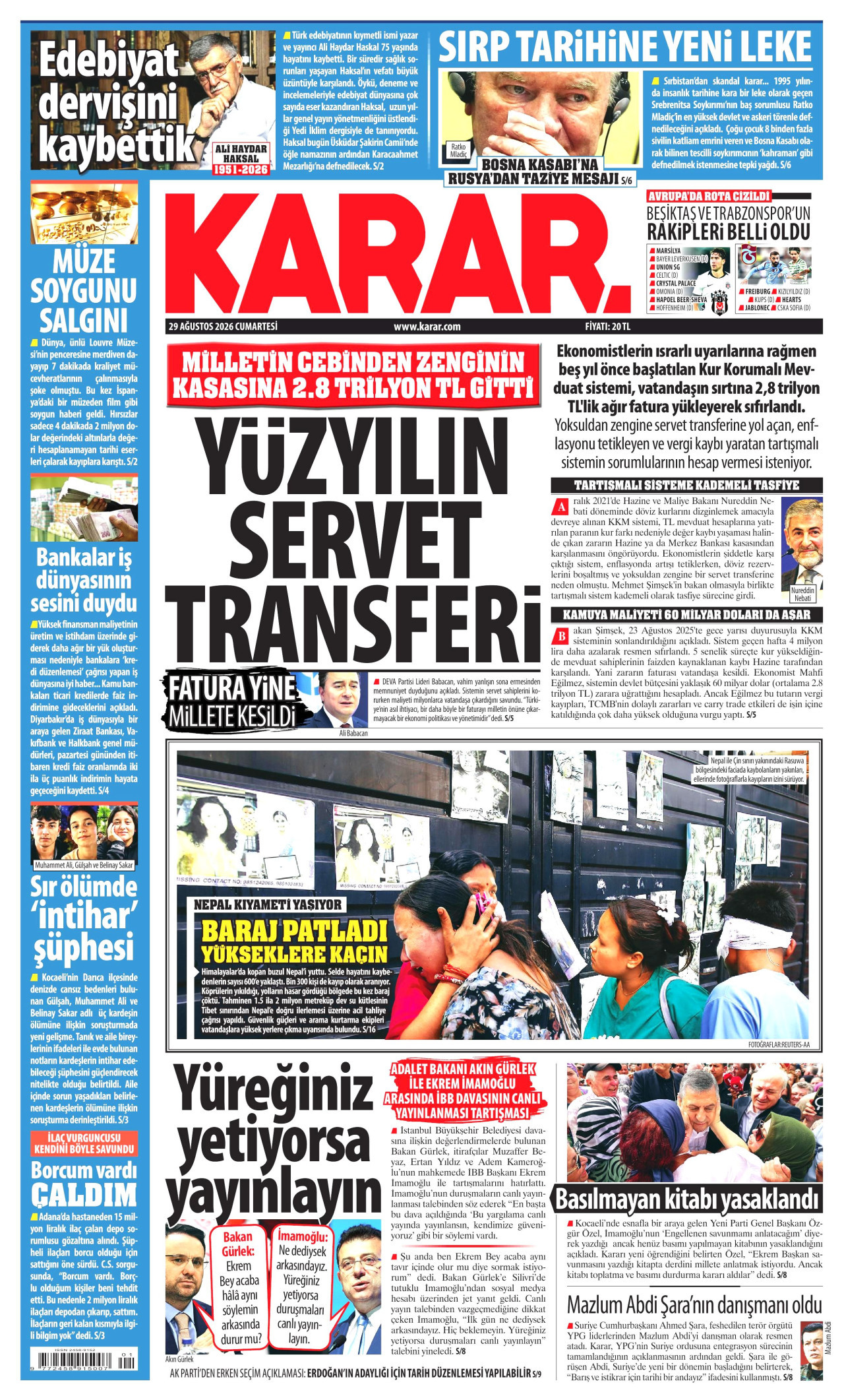 KARAR gazetesinin 29 Ağustos 2026 tarihli birinci sayfası