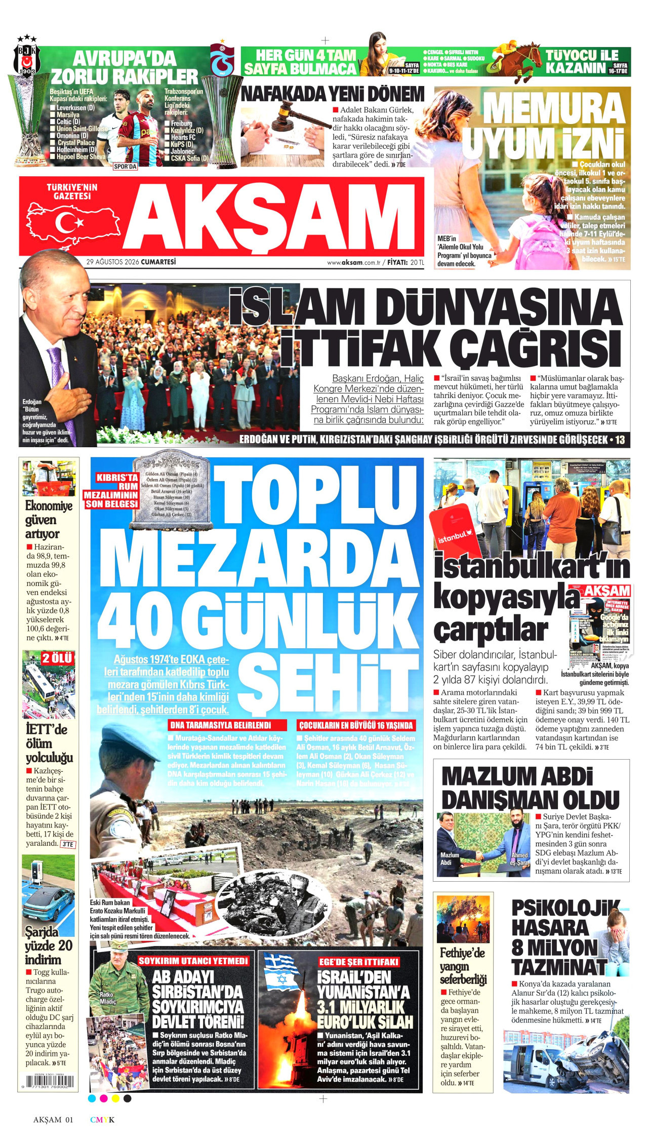 AKŞAM gazetesinin 29 Ağustos 2026 tarihli birinci sayfası