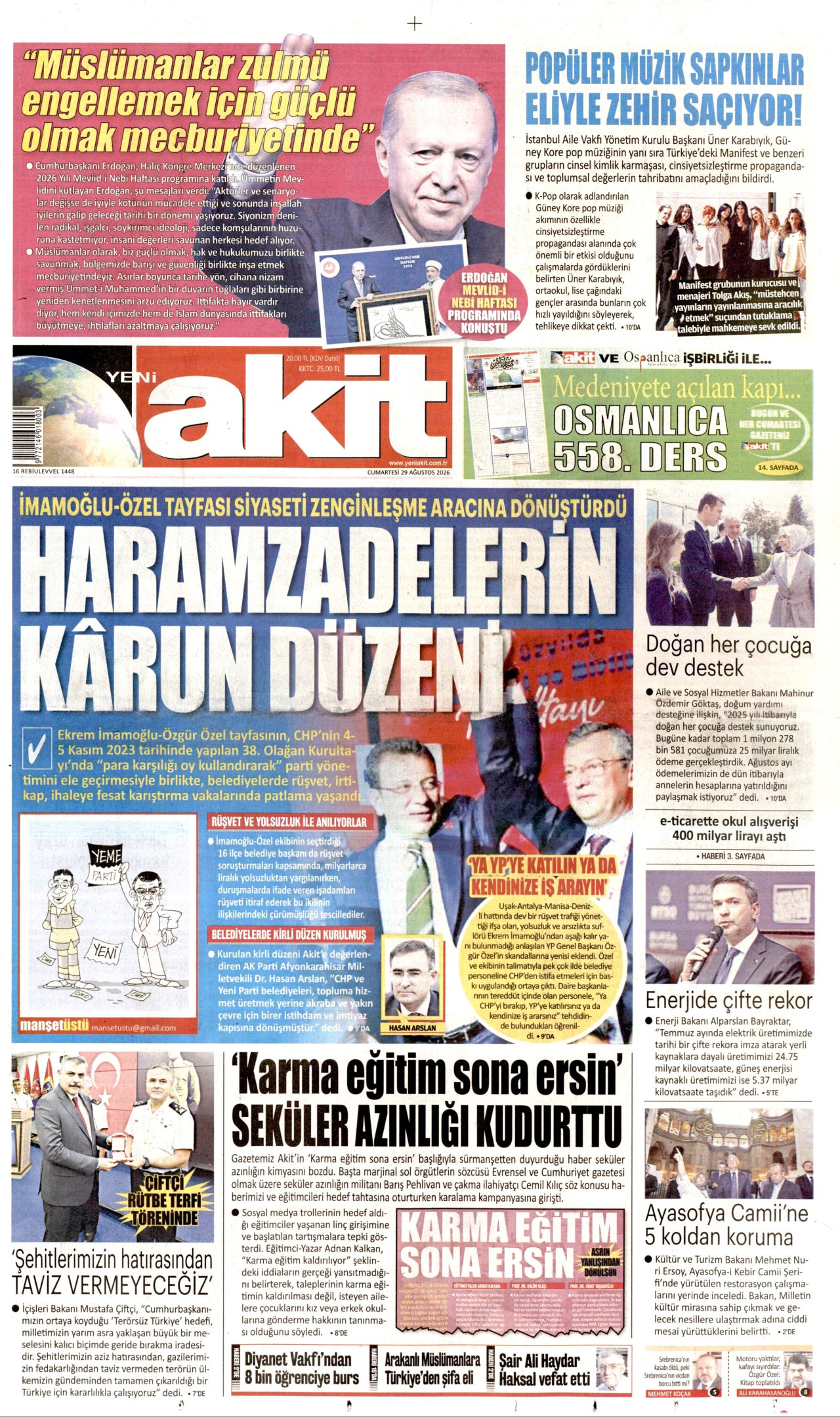 YENİ AKİT gazetesinin 29 Ağustos 2026 tarihli birinci sayfası