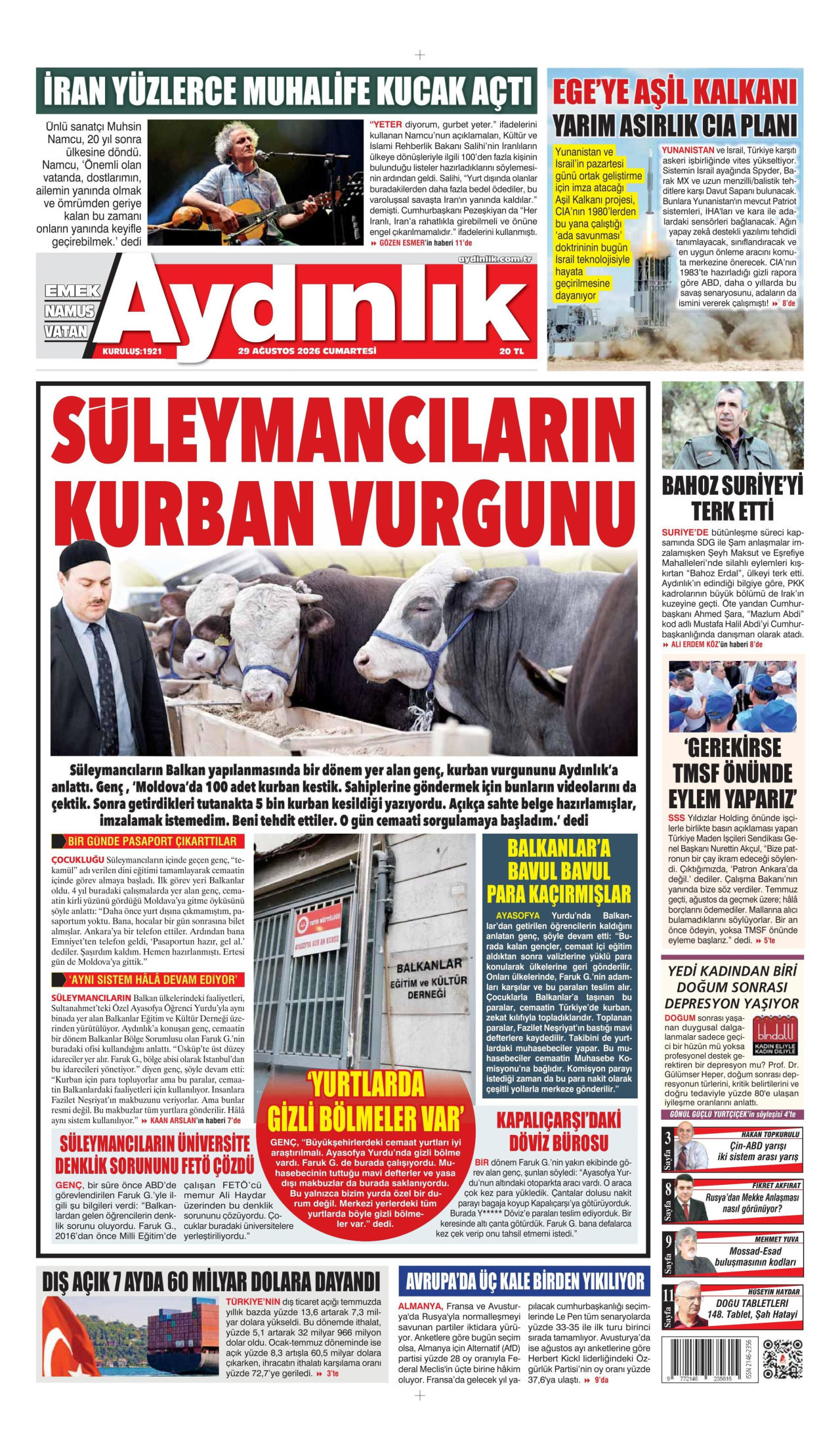 AYDINLIK GAZETESİ gazetesinin 29 Ağustos 2026 tarihli birinci sayfası