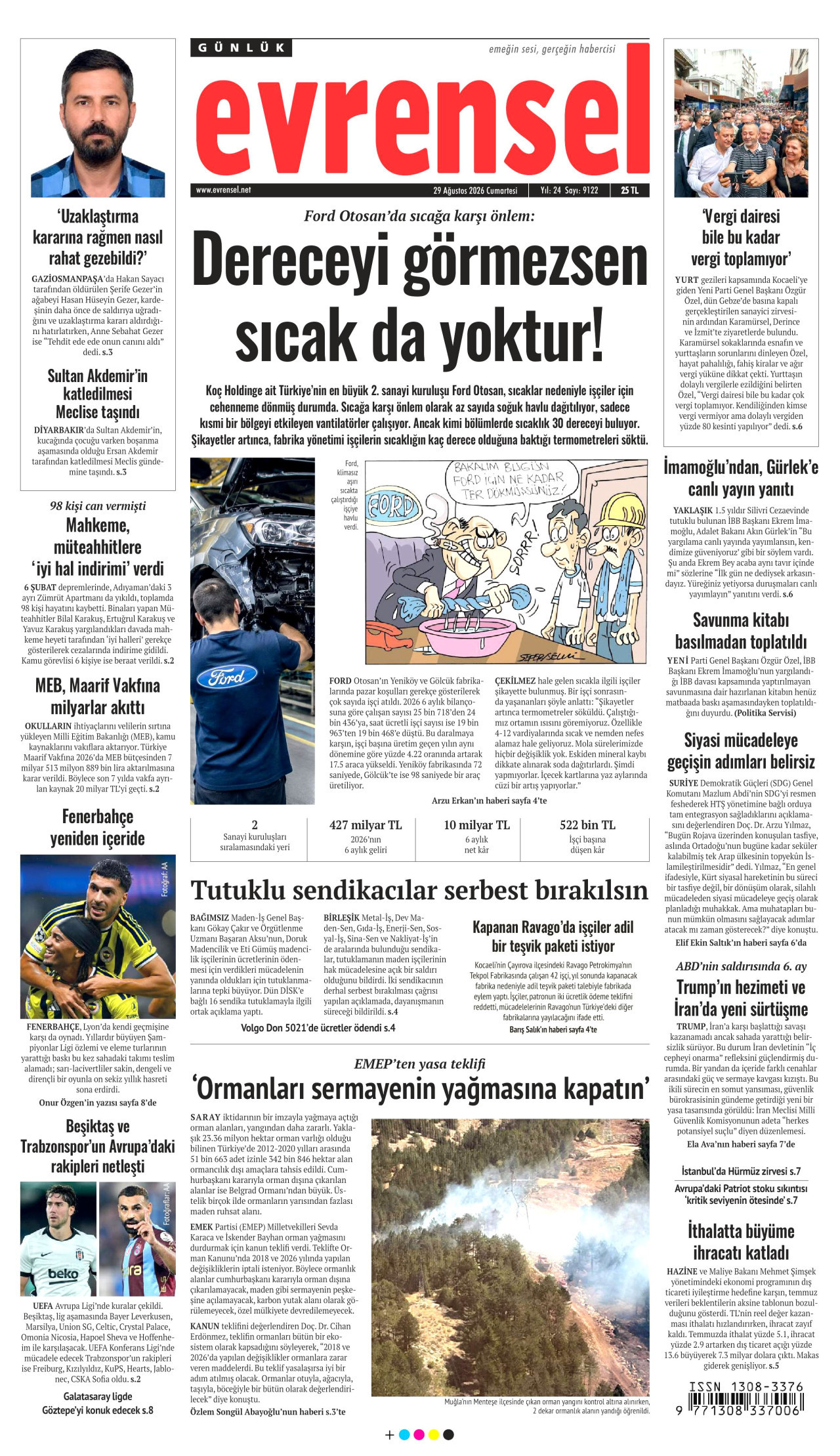 EVRENSEL gazetesinin 29 Ağustos 2026 tarihli birinci sayfası