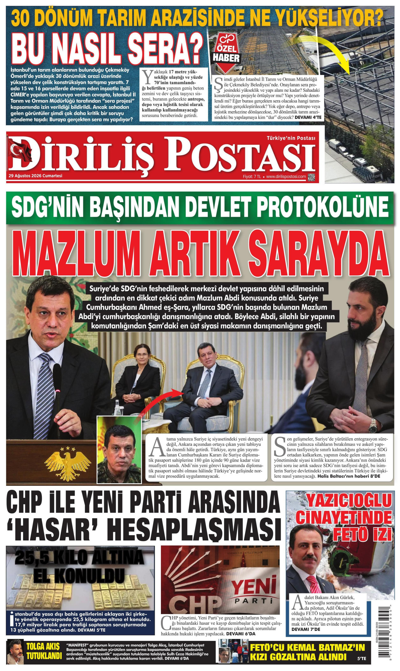 DİRİLİŞ POSTASI gazetesinin 29 Ağustos 2026 tarihli birinci sayfası