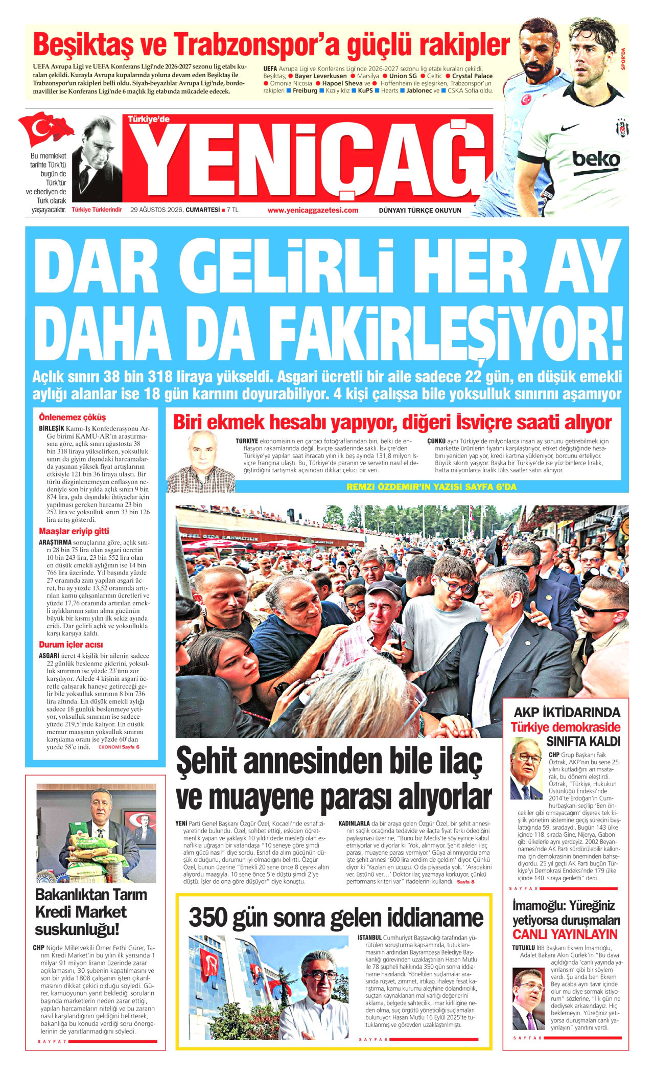 YENİÇAĞ gazetesinin 29 Ağustos 2026 tarihli birinci sayfası