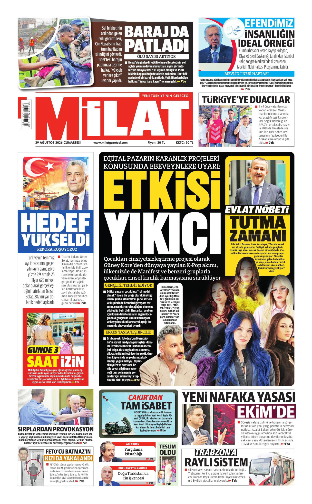 MİLAT gazetesinin 29 Ağustos 2026 tarihli birinci sayfası
