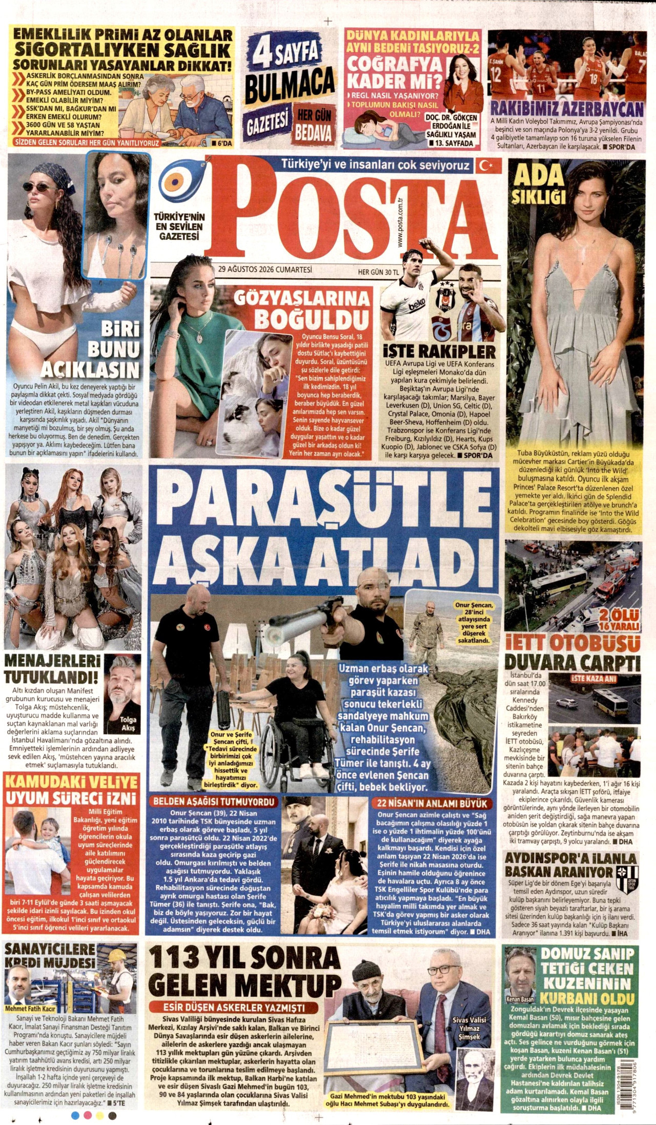 POSTA gazetesinin 29 Ağustos 2026 tarihli birinci sayfası