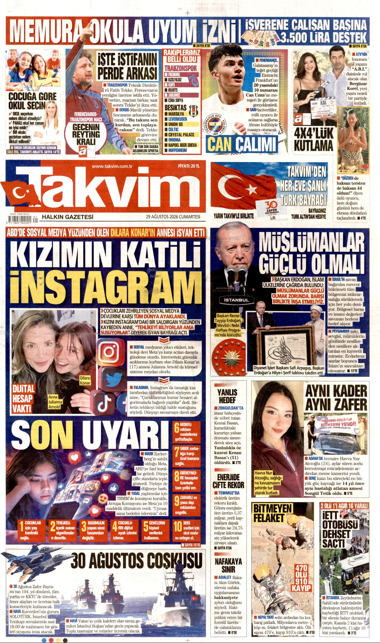 TAKVİM gazetesinin 29 Ağustos 2026 tarihli birinci sayfası