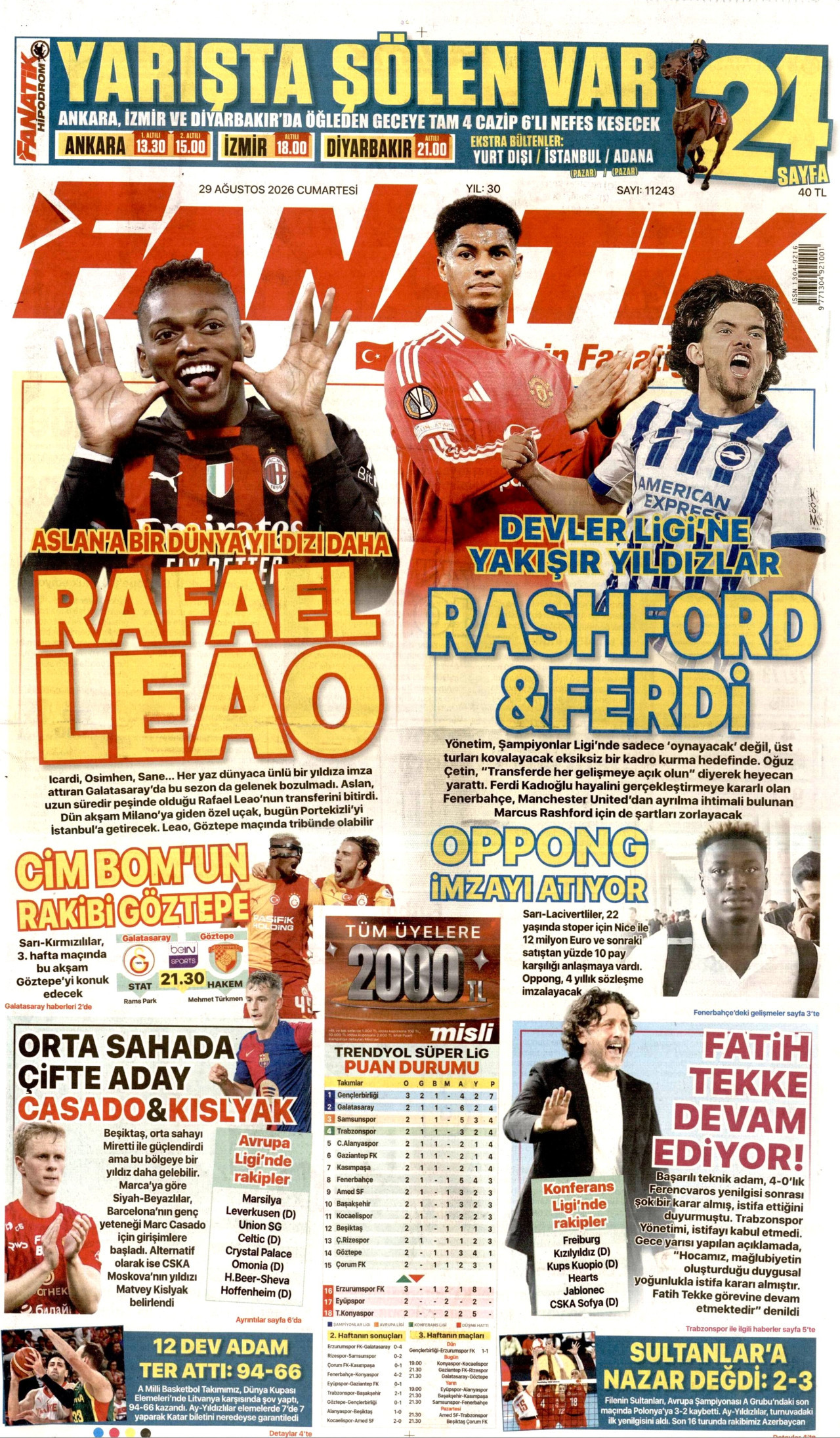 FANATİK gazetesinin 29 Ağustos 2026 tarihli birinci sayfası