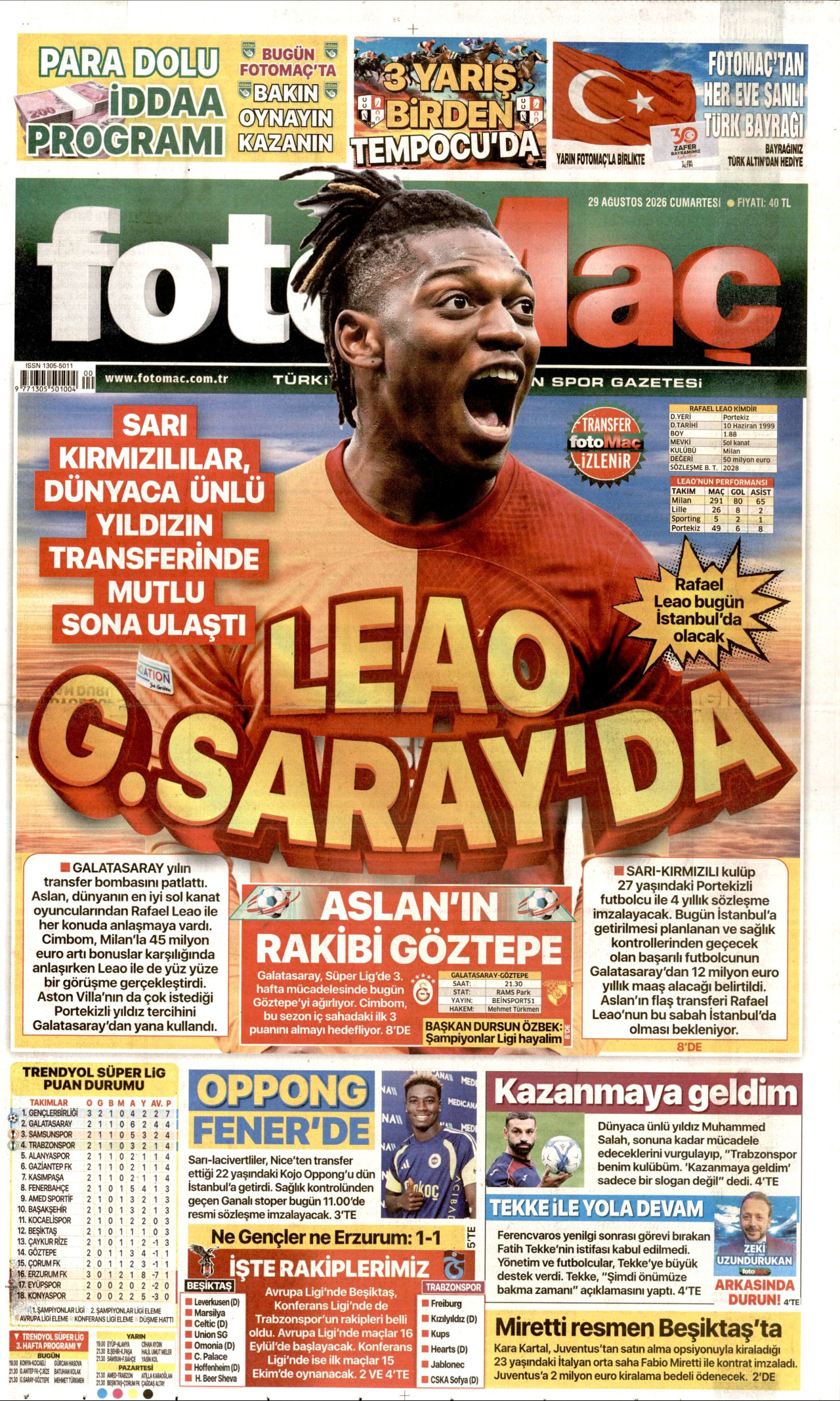 FOTOMAÇ gazetesinin 29 Ağustos 2026 tarihli birinci sayfası