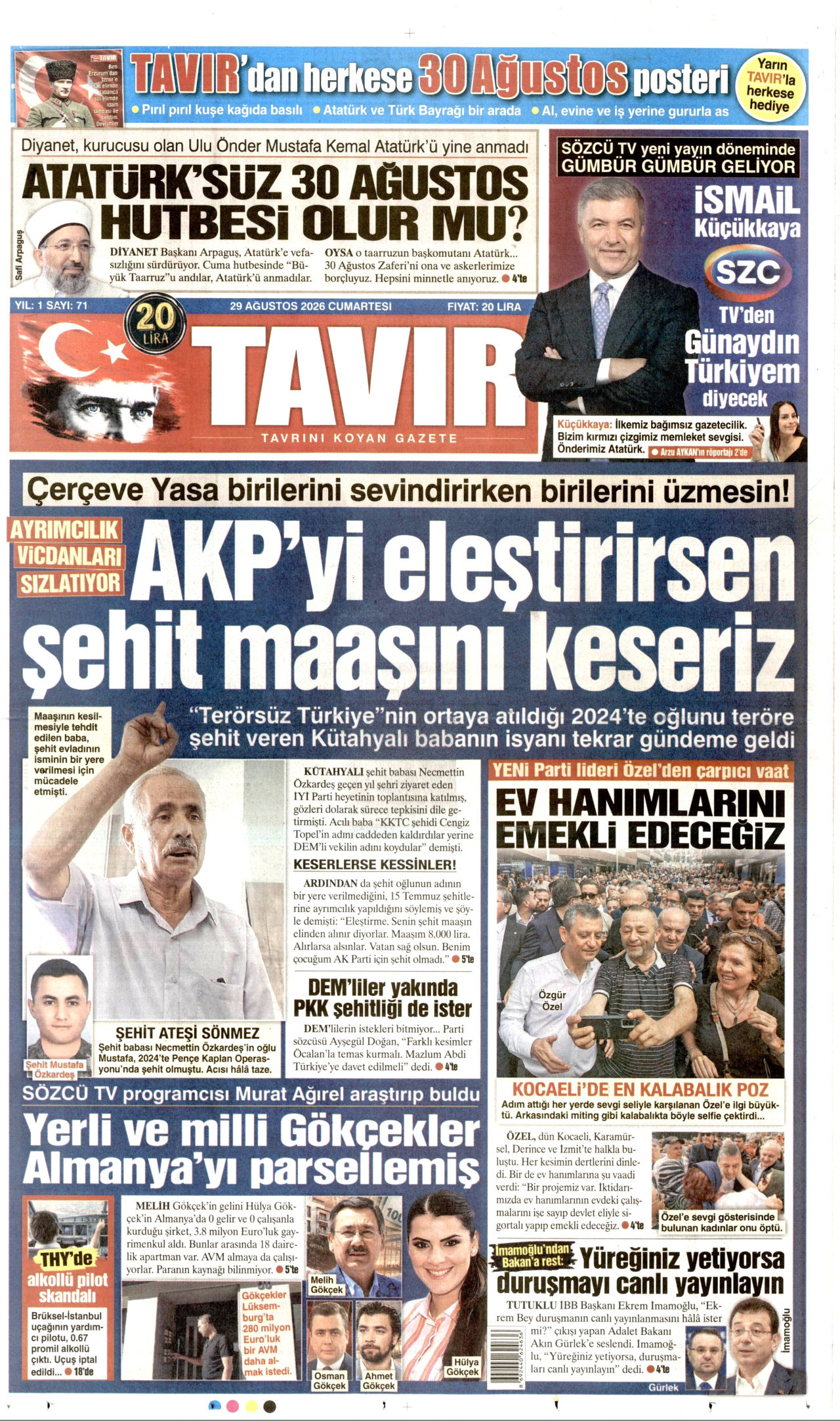 TAVIR GAZETESİ gazetesinin 29 Ağustos 2026 tarihli birinci sayfası