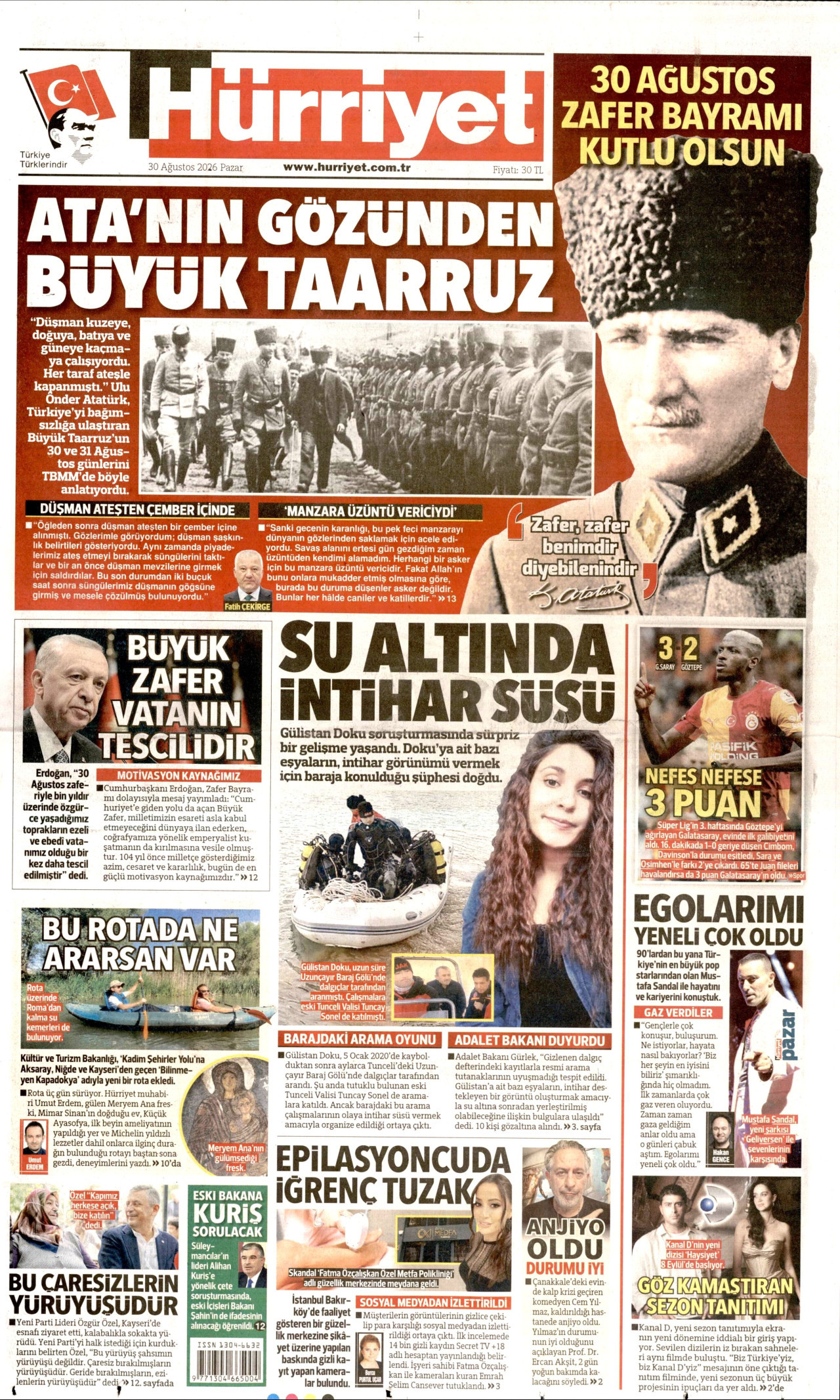 HÜRRİYET gazetesinin 30 Ağustos 2026 tarihli birinci sayfası