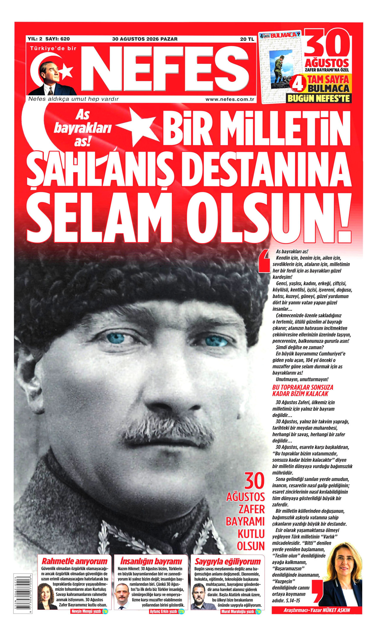 NEFES gazetesinin 30 Ağustos 2026 tarihli birinci sayfası