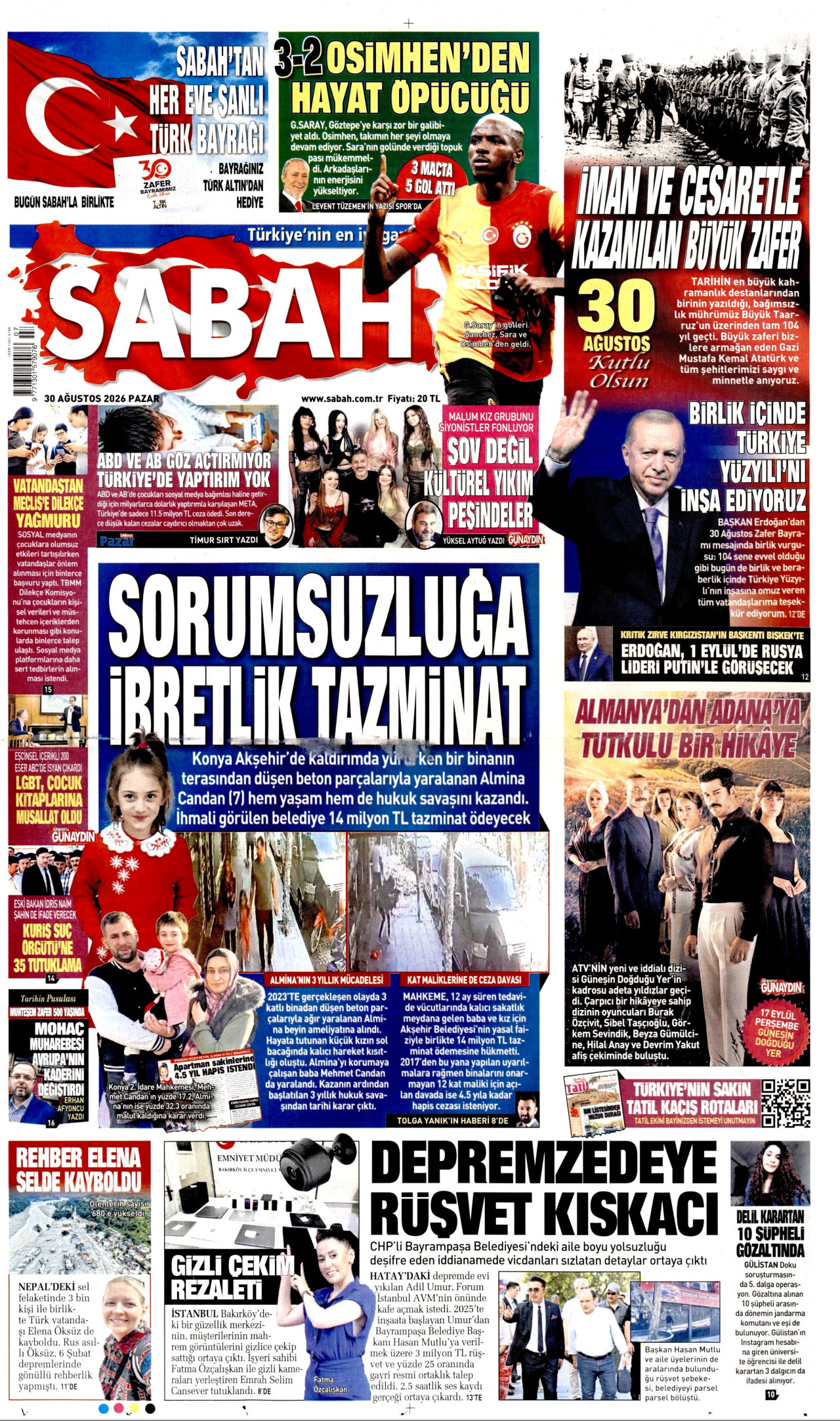 SABAH gazetesinin 30 Ağustos 2026 tarihli birinci sayfası
