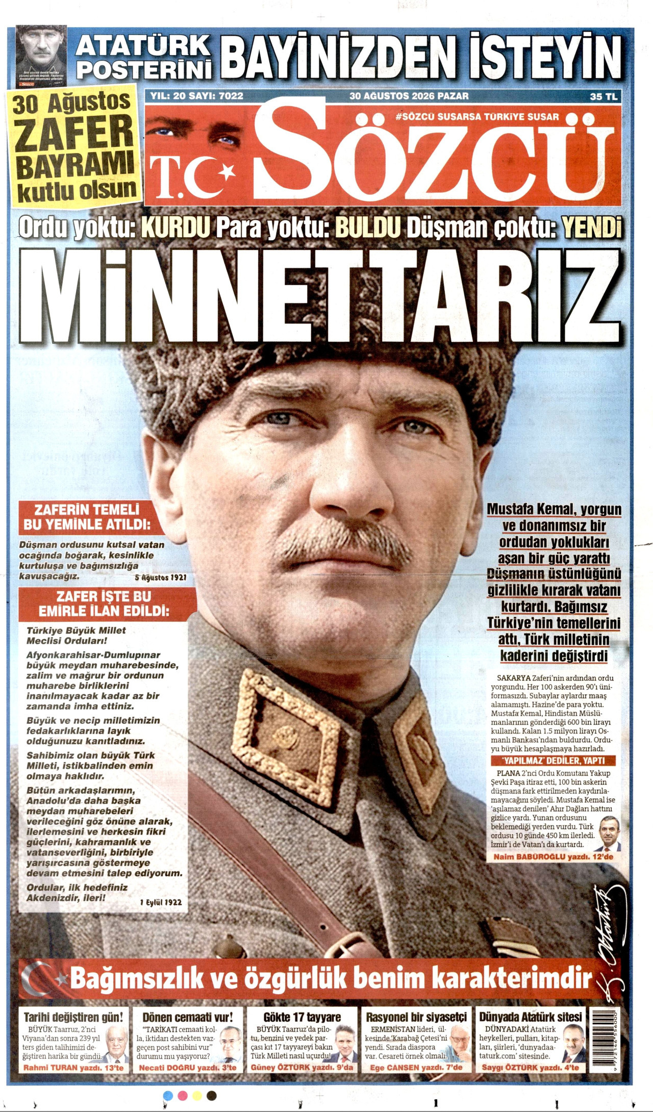 SÖZCÜ gazetesinin 30 Ağustos 2026 tarihli birinci sayfası