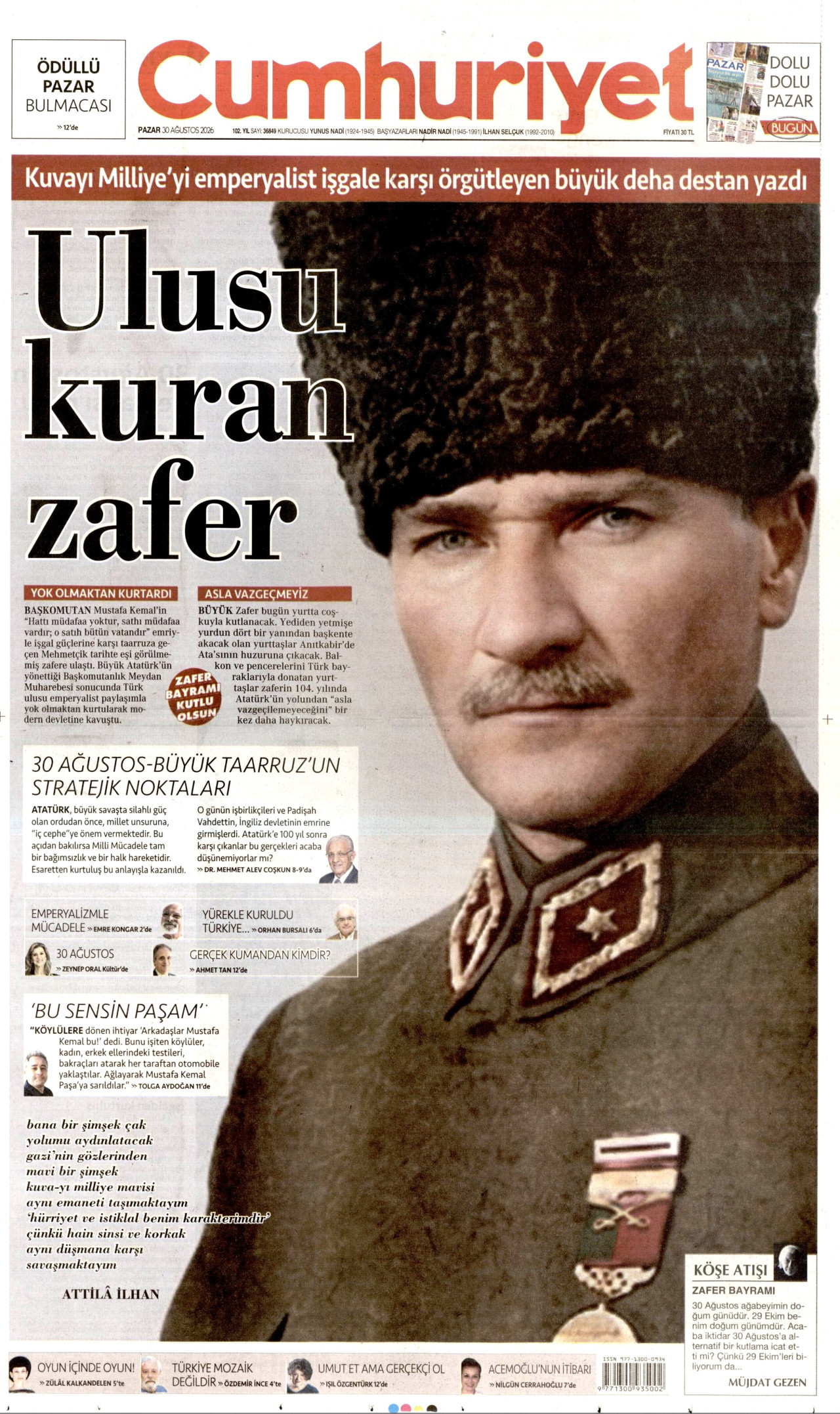 CUMHURİYET gazetesinin 30 Ağustos 2026 tarihli birinci sayfası