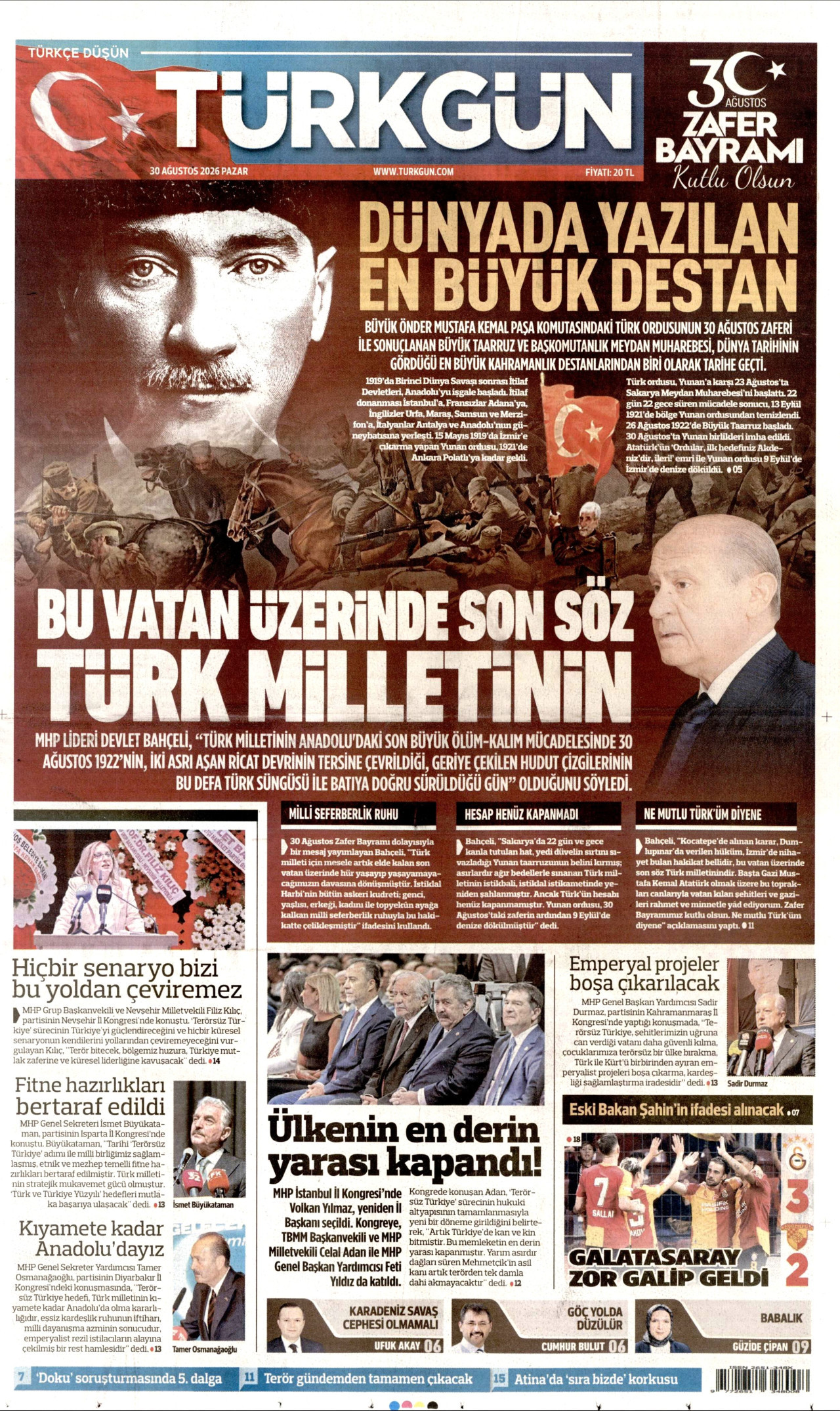 TÜRKGÜN gazetesinin 30 Ağustos 2026 tarihli birinci sayfası