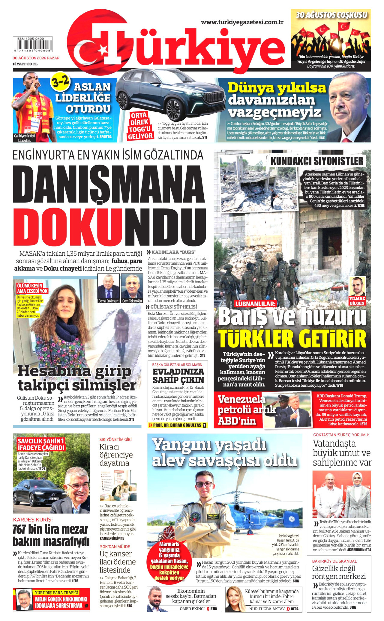 TÜRKİYE GAZETESİ gazetesinin 30 Ağustos 2026 tarihli birinci sayfası