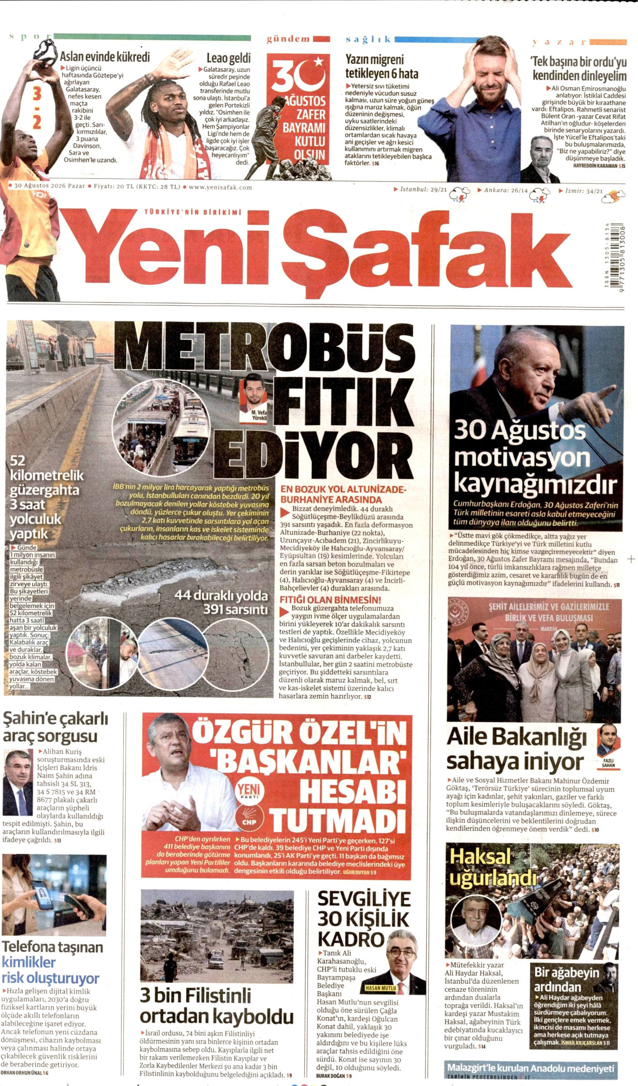 YENİ ŞAFAK gazetesinin 30 Ağustos 2026 tarihli birinci sayfası