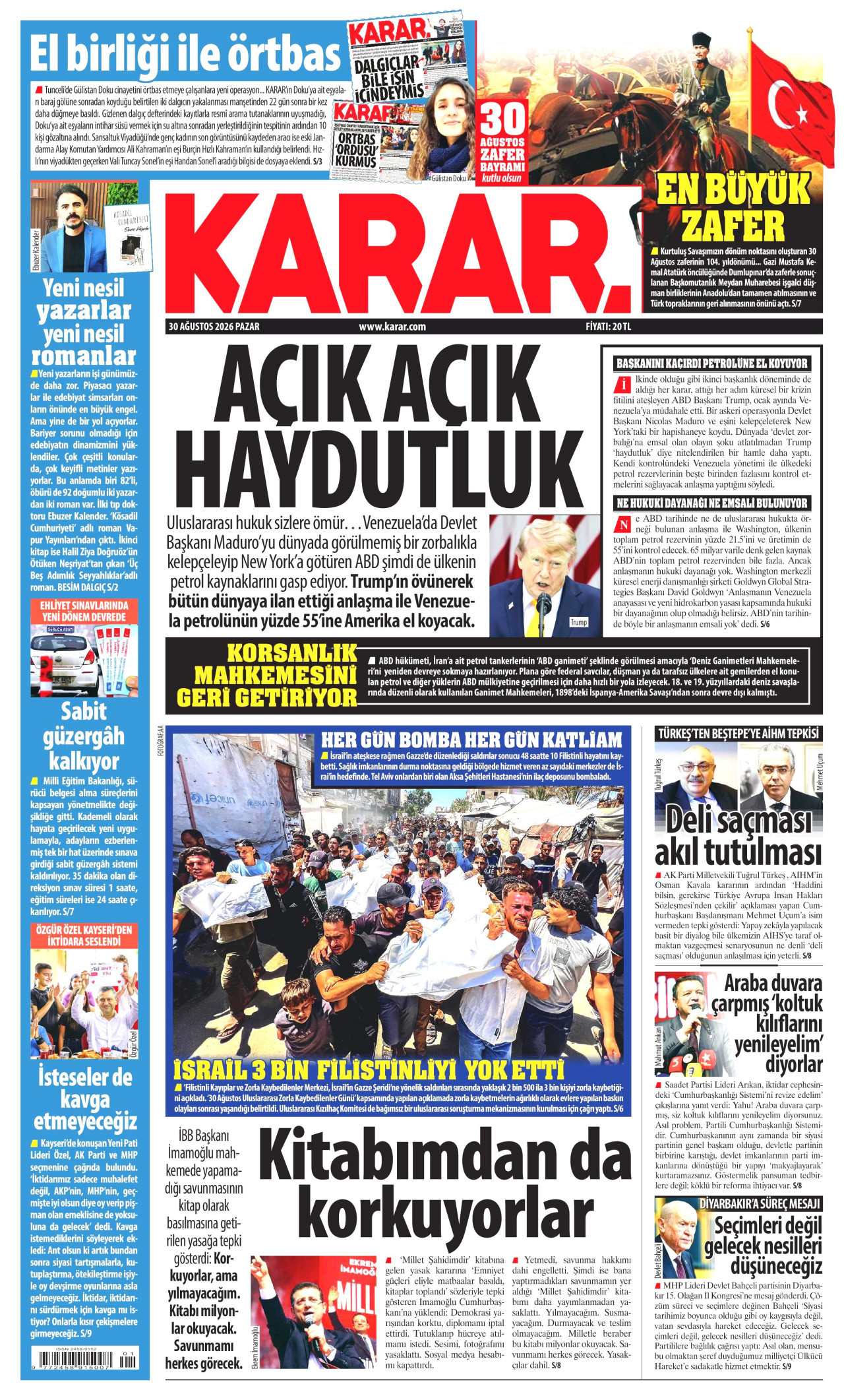 KARAR gazetesinin 30 Ağustos 2026 tarihli birinci sayfası