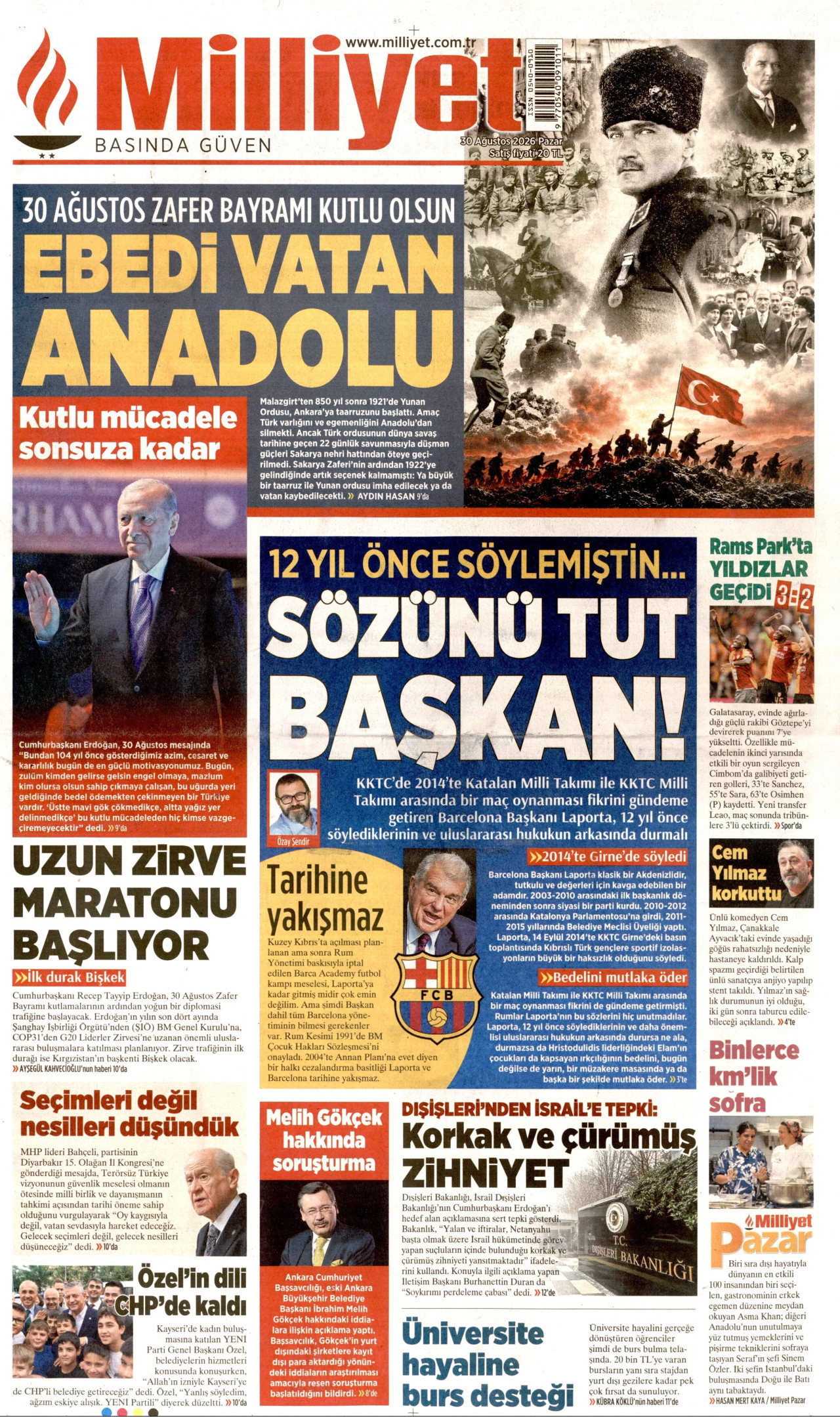 MİLLİYET gazetesinin 30 Ağustos 2026 tarihli birinci sayfası