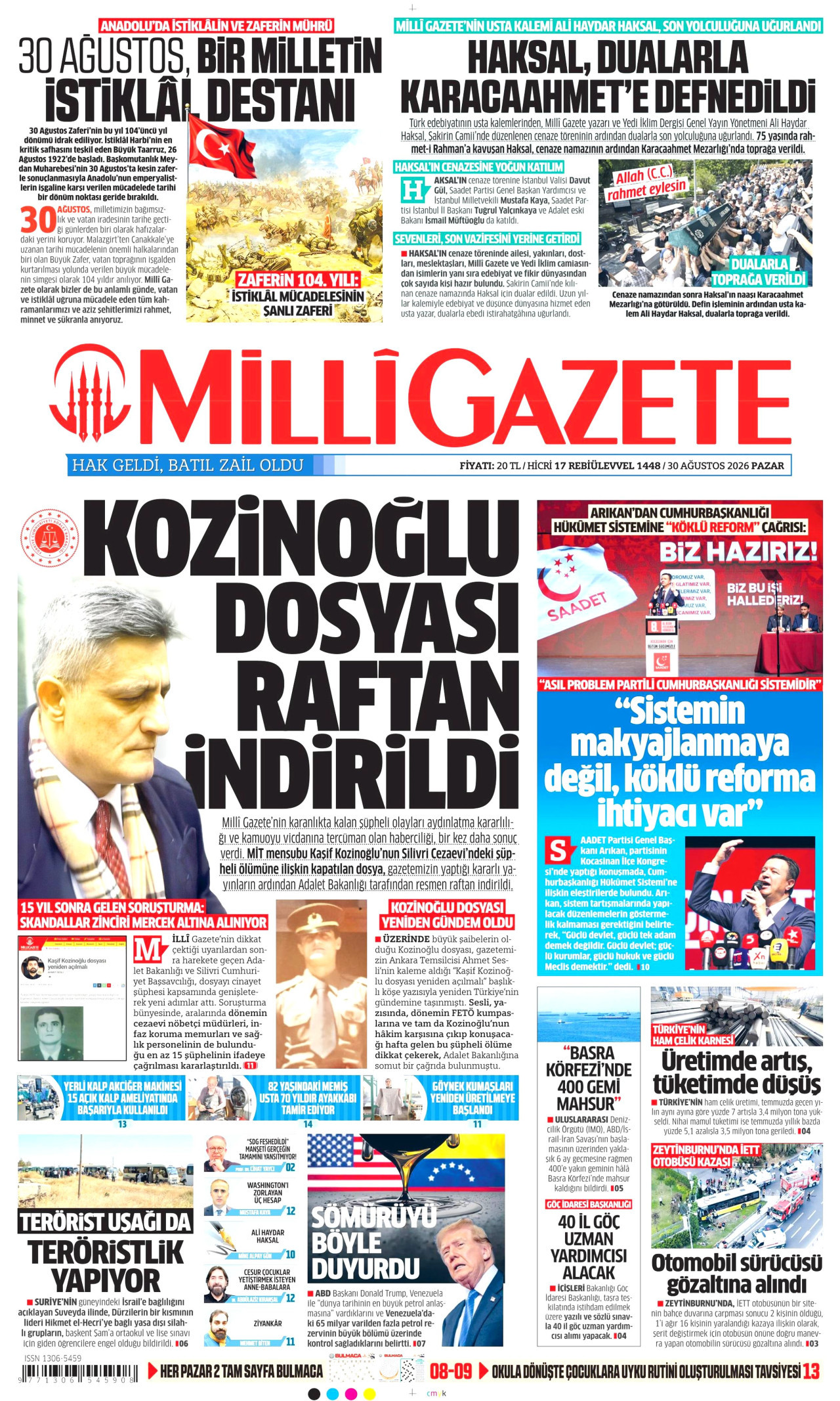 MİLLİ GAZETE gazetesinin 30 Ağustos 2026 tarihli birinci sayfası